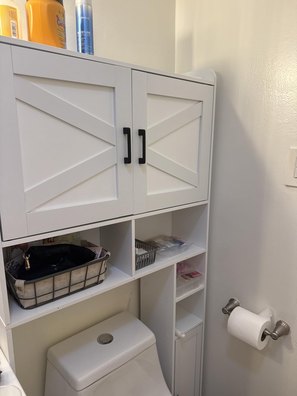 Homhedy Over The Toilet Storage Cabinet with 2 Barn Door and Toilet Paper Holder Stand, FreeStanding Toilet Shelf Space Saver, for Bathroom, Restroom, Laundry, White customer photo 1