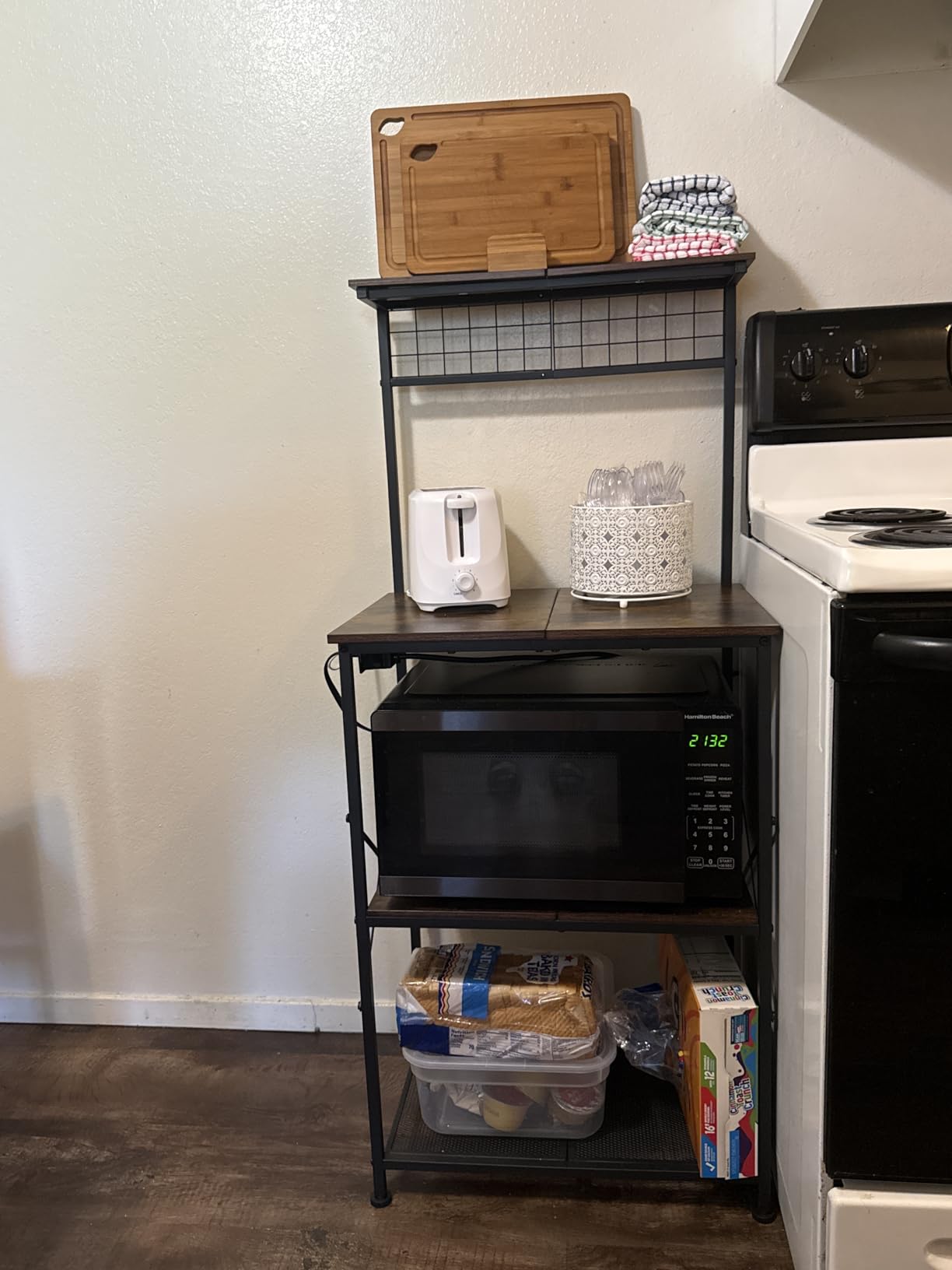 Furologee Kitchen Bakers Rack with Power Outlet, Microwave Oven Stand with Storage 4 Tiers, Coffee Bar Table with 6 S Hooks customer photo 1