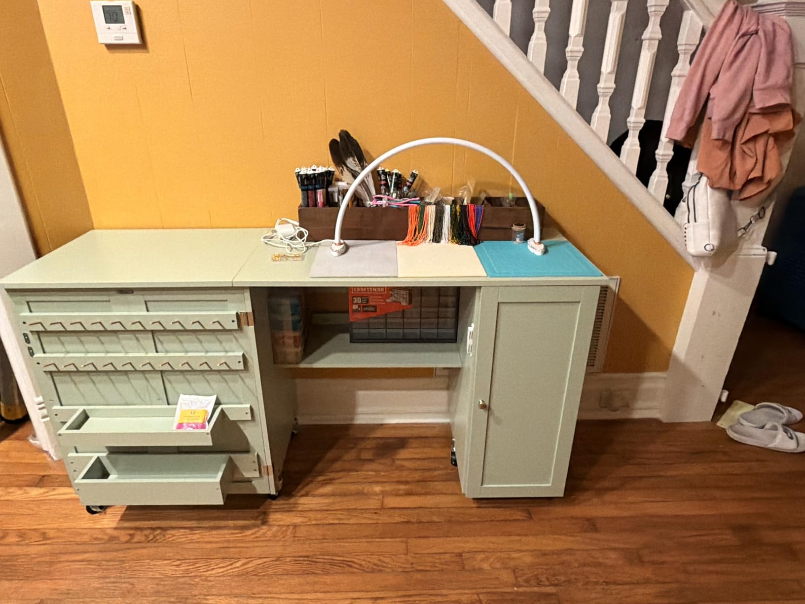 Best Choice Products Large Folding Sewing Table, Multipurpose Portable Craft Station & Side Desk w/Compact Design, Caster Wheels, Storage Shelves, 2 Storage Trays, Magnetic Doors - Natural/White customer photo 2
