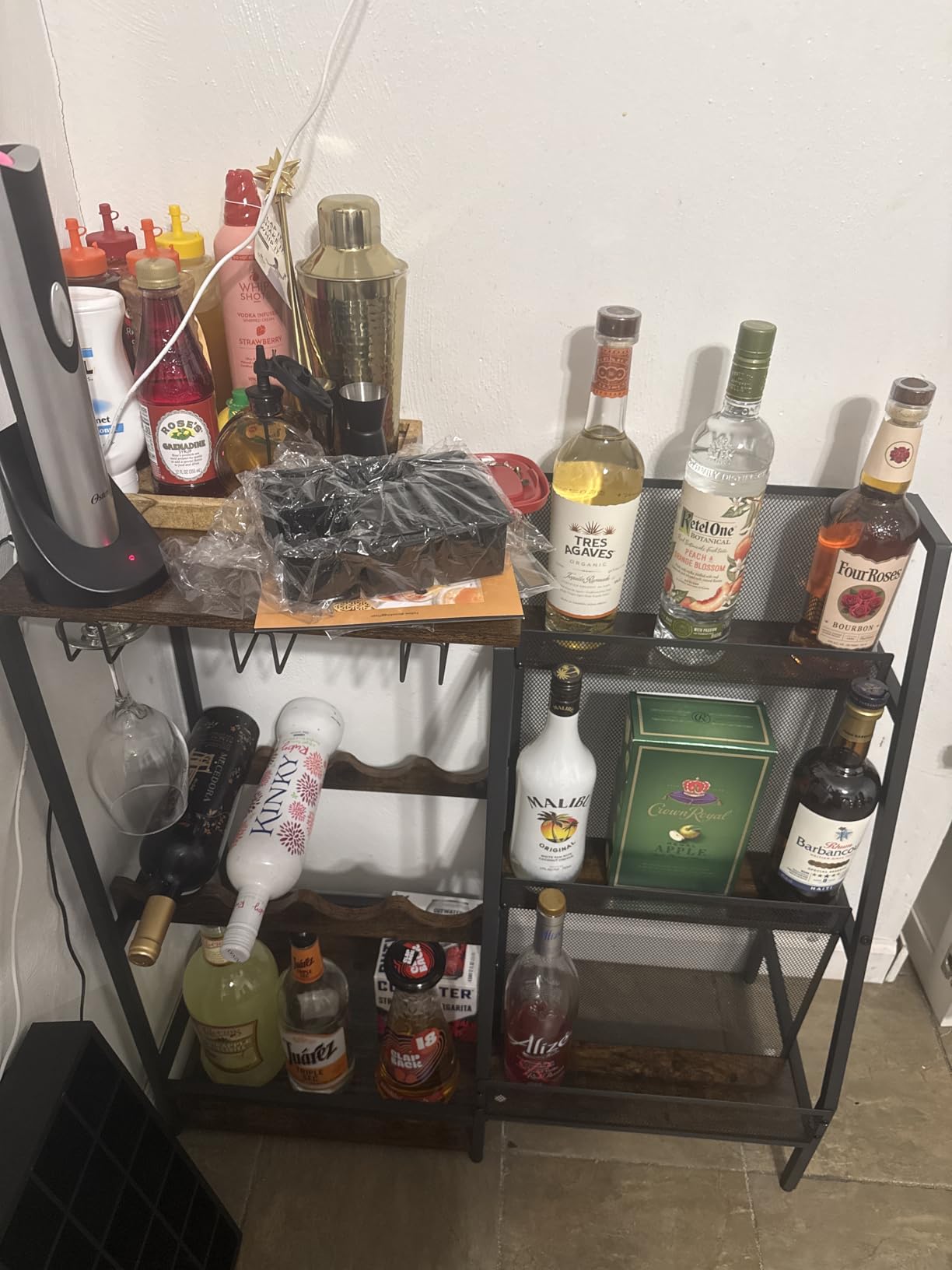 Versatile Liquor Stand for Home Bar, Wine Rack Freestanding Floor, Mini Bar Table for Liquor Whiskey Wine, 3-Tier Trapezoidal Liquor Bottle Display Shelf with Glass Holder and Fences(Patent Pending) customer photo 2
