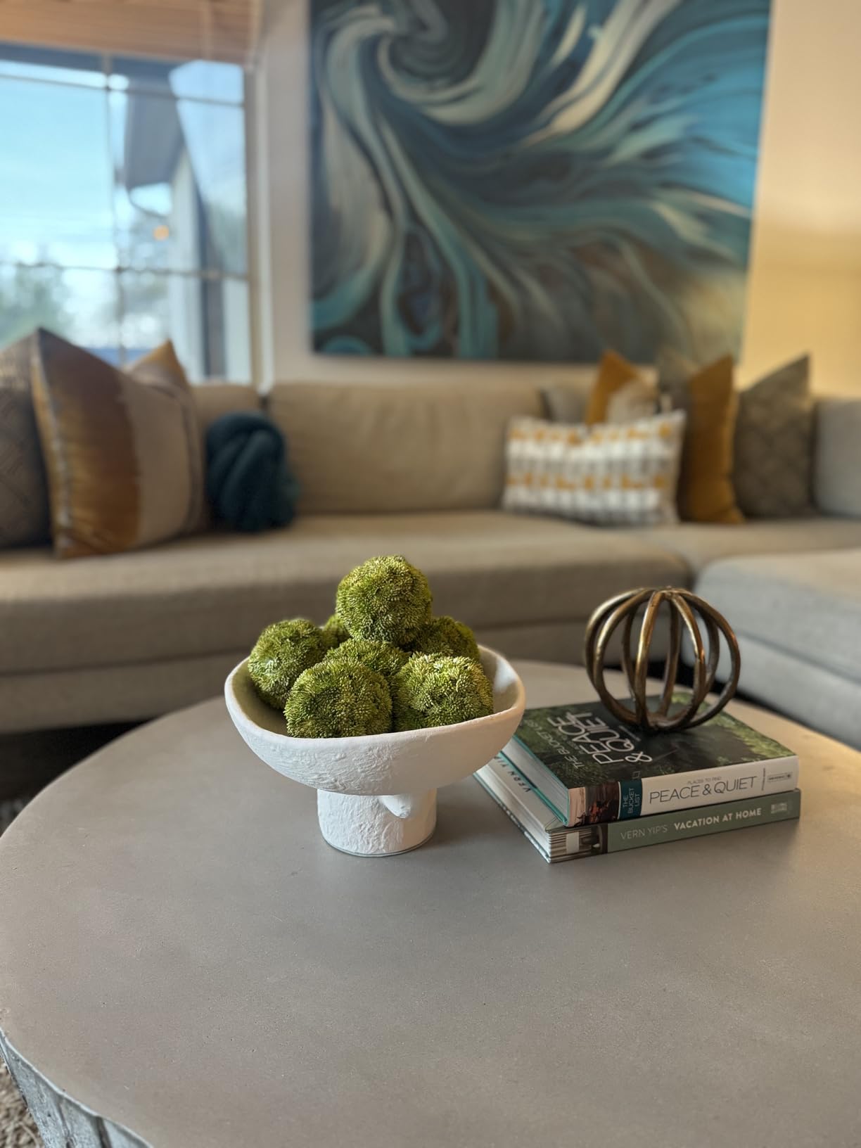 Luxurious White Textured Ceramic Bowl and Greenery Set,12.5x10.5 Inch Pedestal Decorative Bowl, with 6 Green Succulent Moss Balls, Counter Top, Farmhouse Table Centerpiece, Living Room, Kitchen Decor customer photo 2