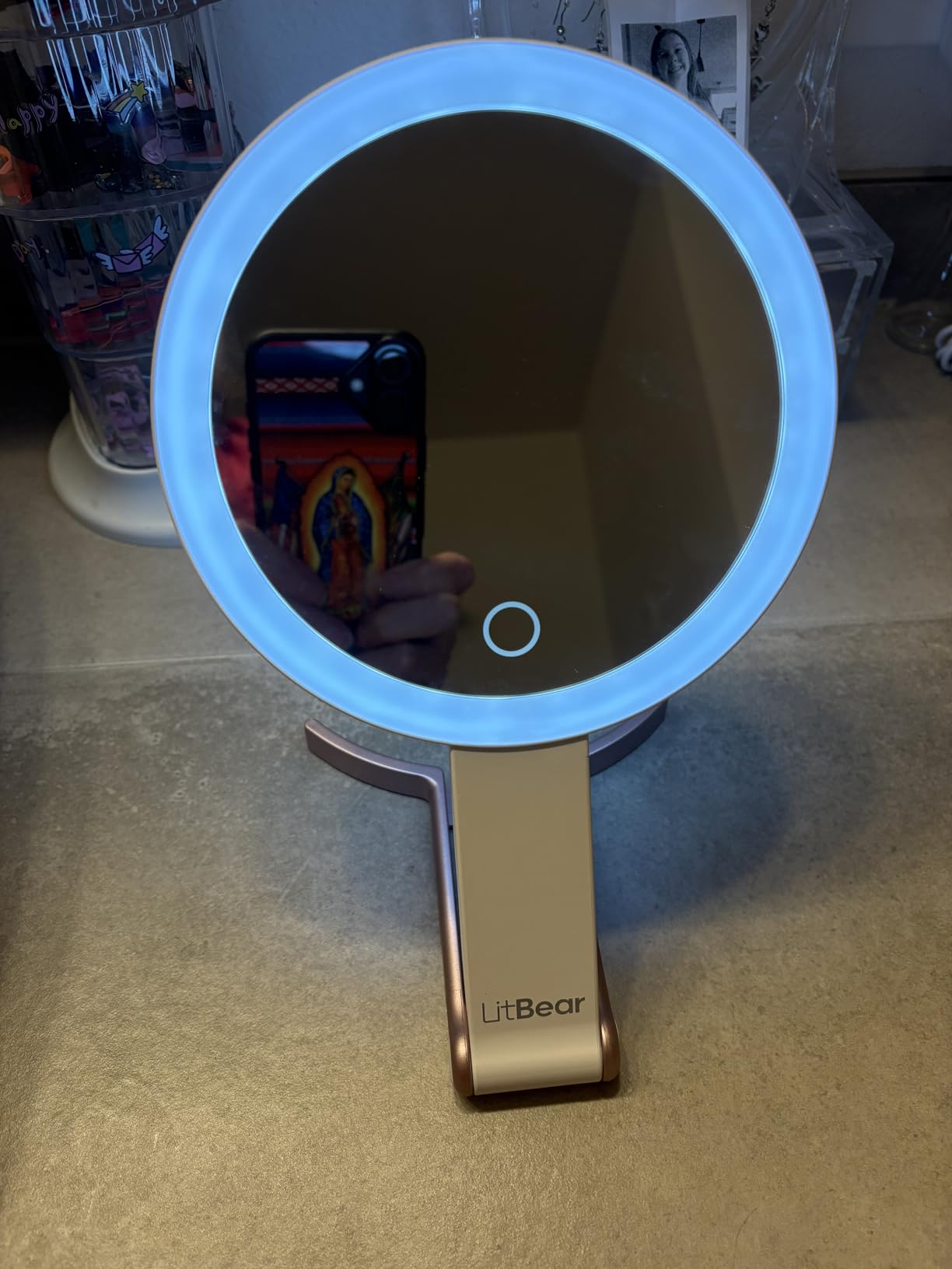 LitBear Travel Makeup Mirror with Lights, Rechargeable Double-Sided 10X/1X Magnifying Mirror, Portable Lighted Beauty Mirror, 3 Color Lighting, Dimmable Touch Screen, Tabletop Handhold Hanging (White) customer photo 2
