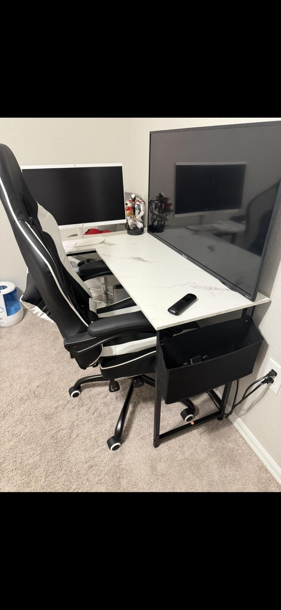 Pamray 43 Inch L Shaped Computer Desk with Reversible Side Storage Shelves, Small Corner Desk for Small Space Home Office, Writing Study Table PC Desk for Bedroom, White customer photo 1