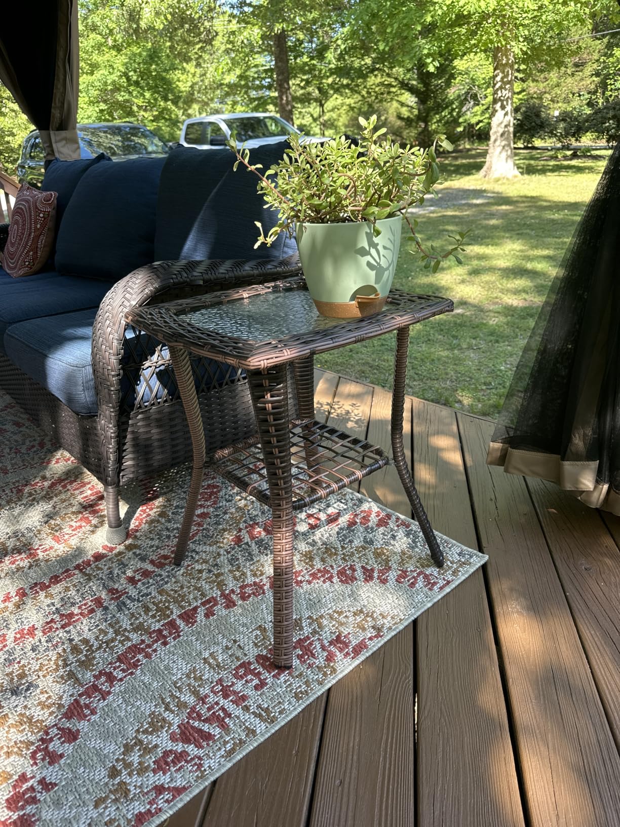 VINGLI Outdoor Side Table with Storage Wicker Patio Side Table, Tempered Glass Top End Table for Balcony Porch Deck (Brown) customer photo 1