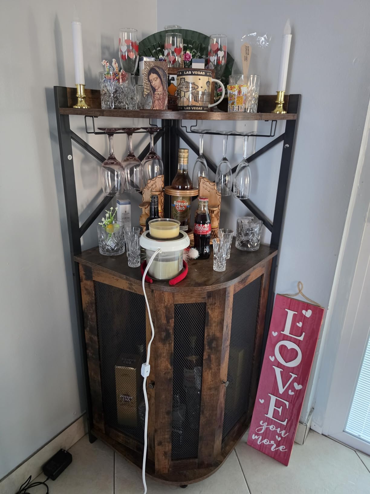 JKsmart Corner Storage Cabinet with Open Shelf, 3-Tier Industrial Wine Bar Shelf with Door, Industrial Corner Cabinet for Kitchen, Dining Room, Rustic Brown customer photo 2