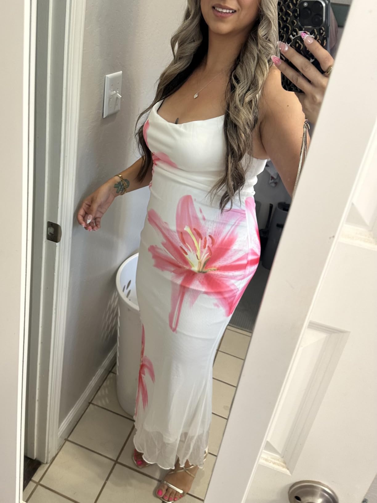 SOLY HUX Women's Floral Mesh Bodycon Cami Dress Cowl Neck Sleeveless Cocktail Party Wedding Guest Long Maxi Dresses customer photo 1