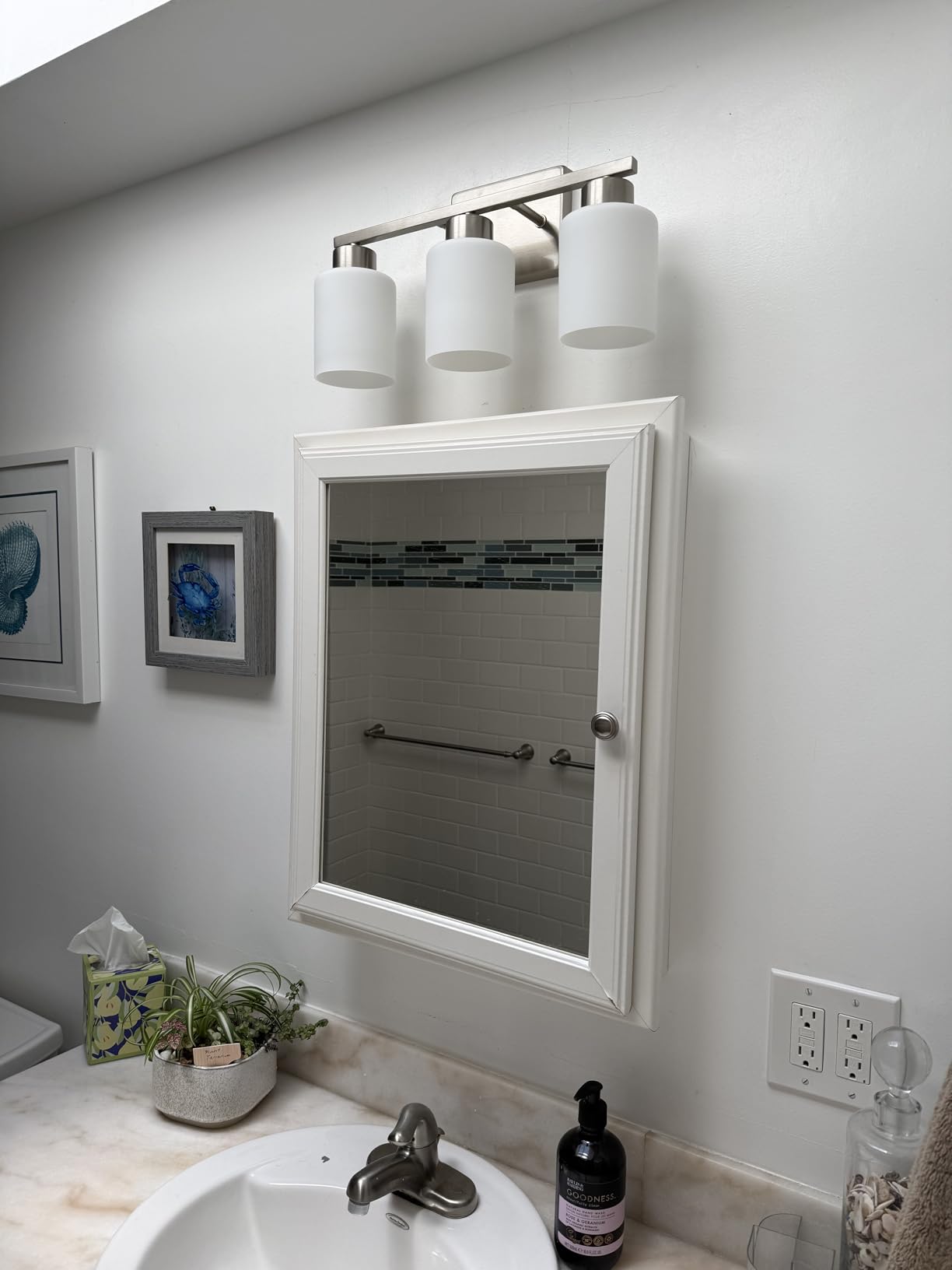 FonmYim Brushed Nickel Bathroom Light Fixtures, 3-Light Modern Vanity Light Over Mirror, Wall Sconces with Milky White Frosted Glass Shades, E26 Socket (Bulbs Not Included) customer photo 1