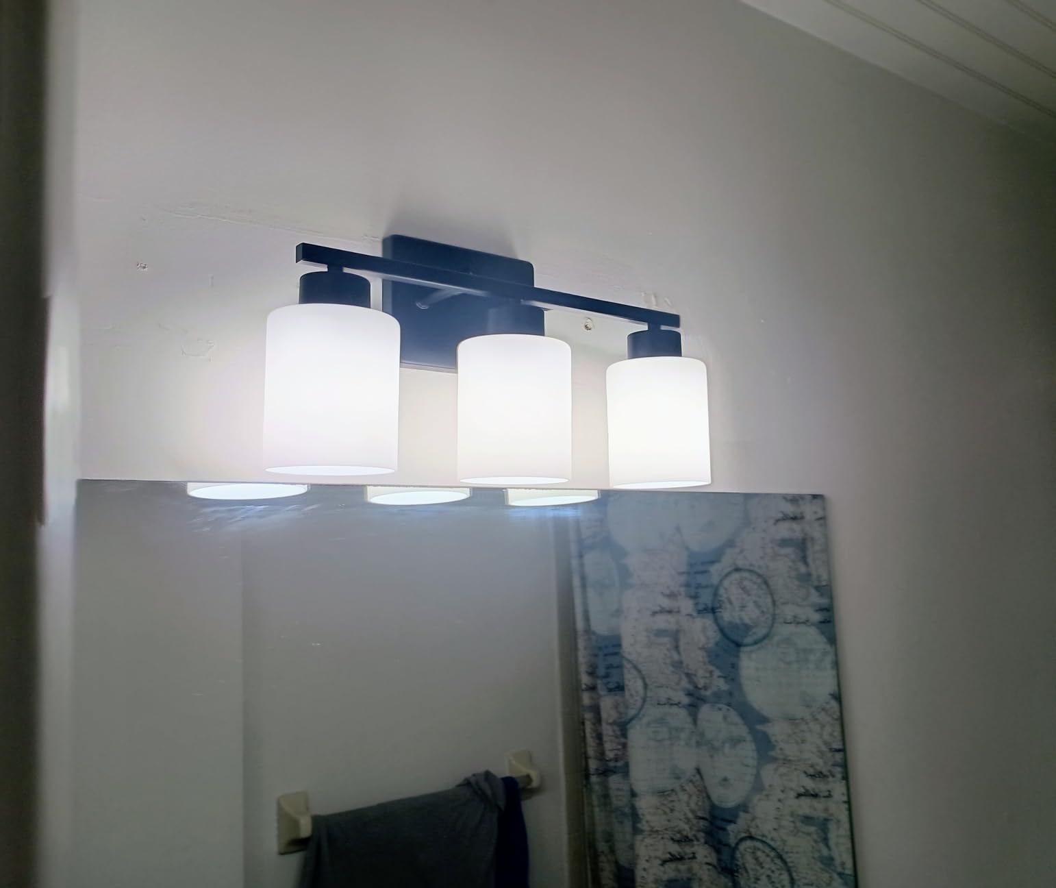 FonmYim Brushed Nickel Bathroom Light Fixtures, 3-Light Modern Vanity Light Over Mirror, Wall Sconces with Milky White Frosted Glass Shades, E26 Socket (Bulbs Not Included) customer photo 2