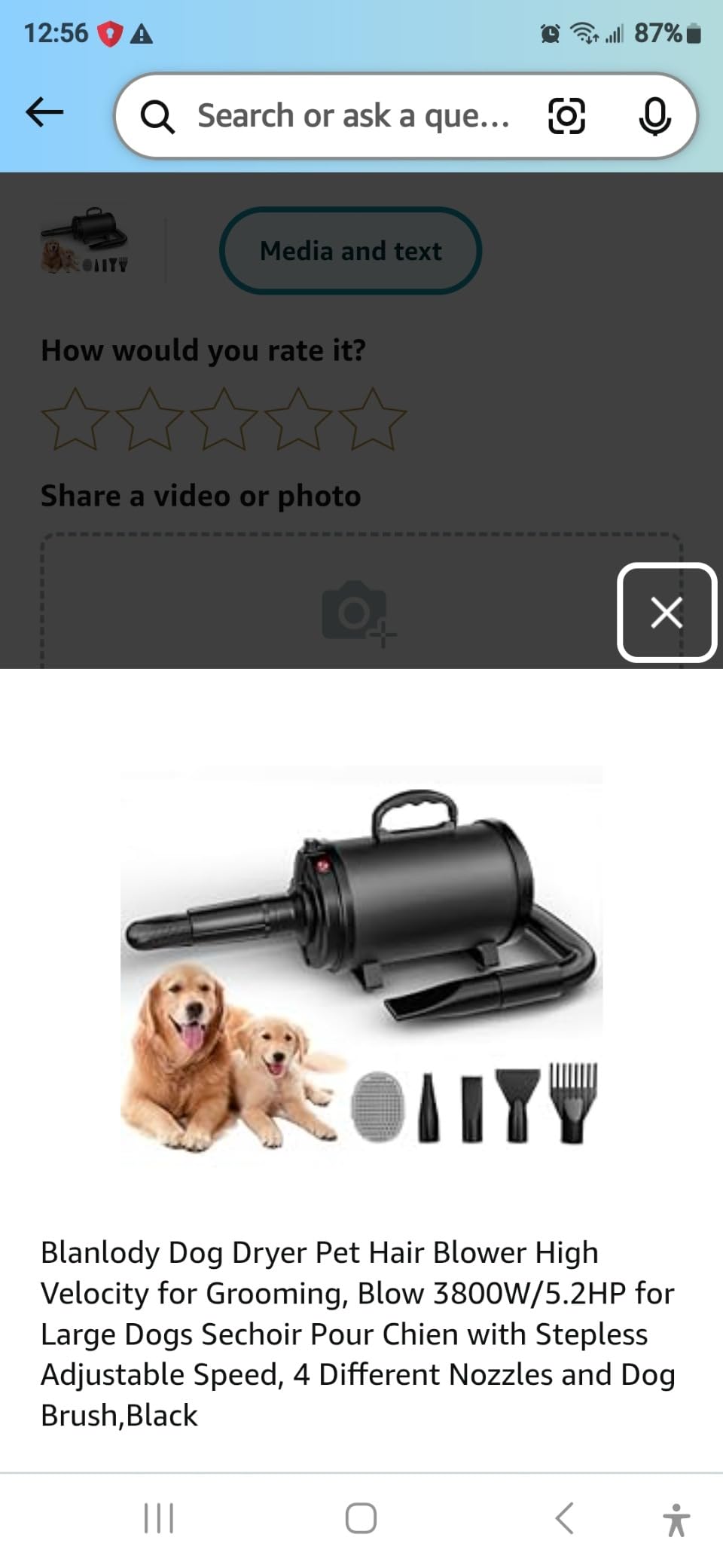 Dog Dryer Pet Hair Blower High Velocity for Grooming, Blow 3800W/5.2HP for Large Dogs Sechoir Pour Chien with Stepless Adjustable Speed, 4 Different Nozzles and Dog Brush,Black customer photo 1