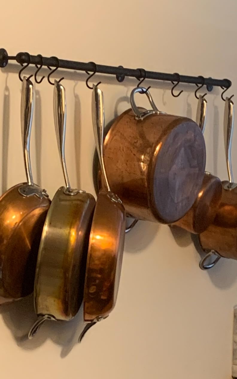 ROTHLEY Stainless Steel Hanging Pot Rack Hanger: 23.7 Inch Brass Pot and Pan Hanger Wall Mounted Hanging Pot Bar Rack Heavy Duty Pot Hangers Kitchen Rail with 8 S Hooks customer photo 1