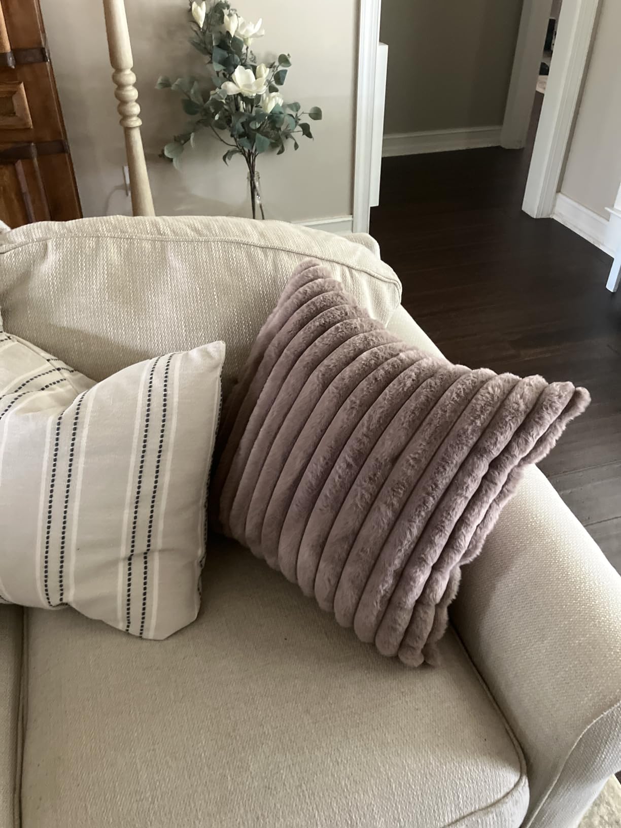decorUhome Summer Cozy Faux Fur Throw Pillow Covers 18x18 Set of 2 Decorative Soft Plush Striped Modern Farmhouse Boho Couch Pillow Cases with Velvet Back for Sofa Bed Living Room, Cream White customer photo 1