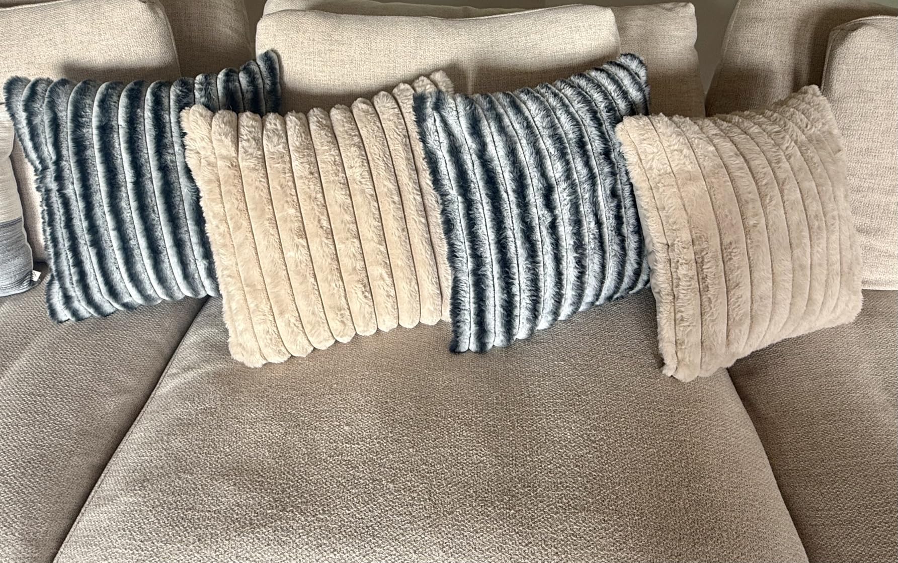 decorUhome Summer Cozy Faux Fur Throw Pillow Covers 18x18 Set of 2 Decorative Soft Plush Striped Modern Farmhouse Boho Couch Pillow Cases with Velvet Back for Sofa Bed Living Room, Cream White customer photo 2
