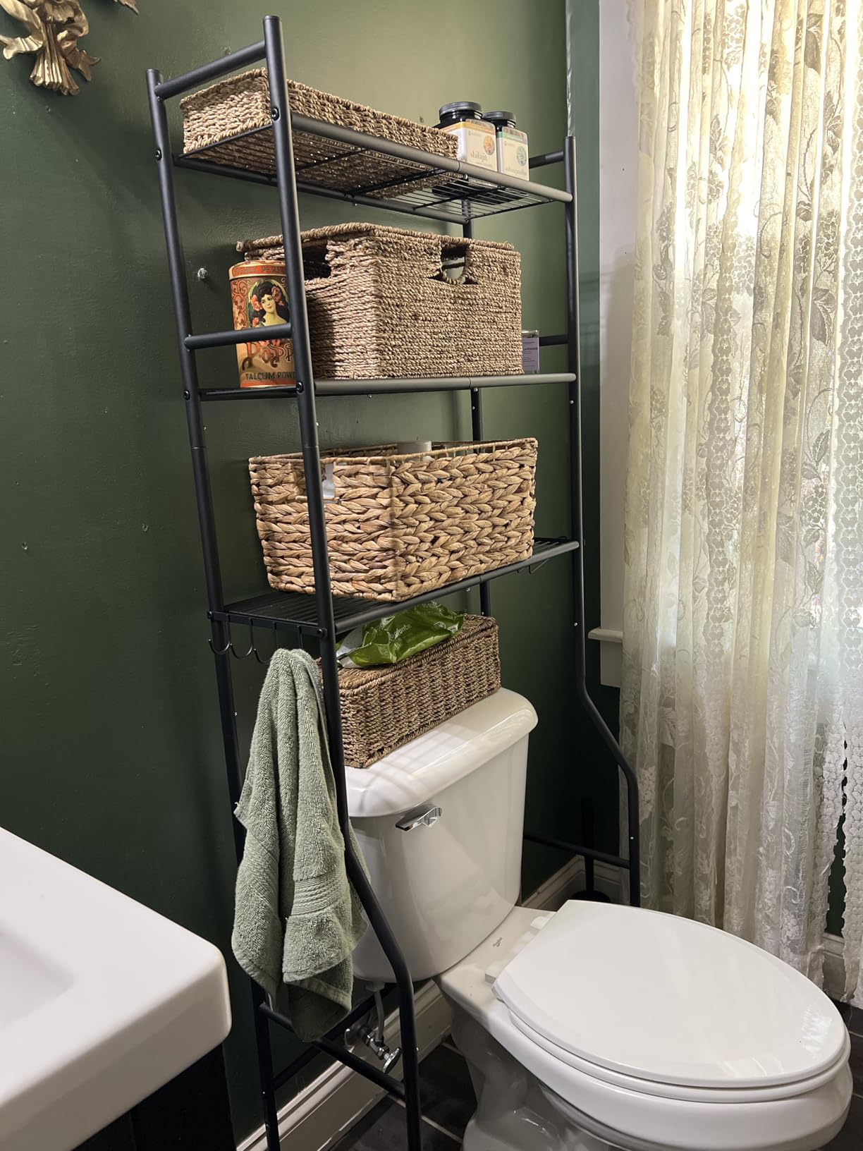 GloTika 3-Tier Over Toilet Storage with Anti-Tilt Safety System - 150lb Total Capacity Metal Bathroom Shelves Including Paper Holder & 4 Hooks, Space Saving Above Commode Organizer (64