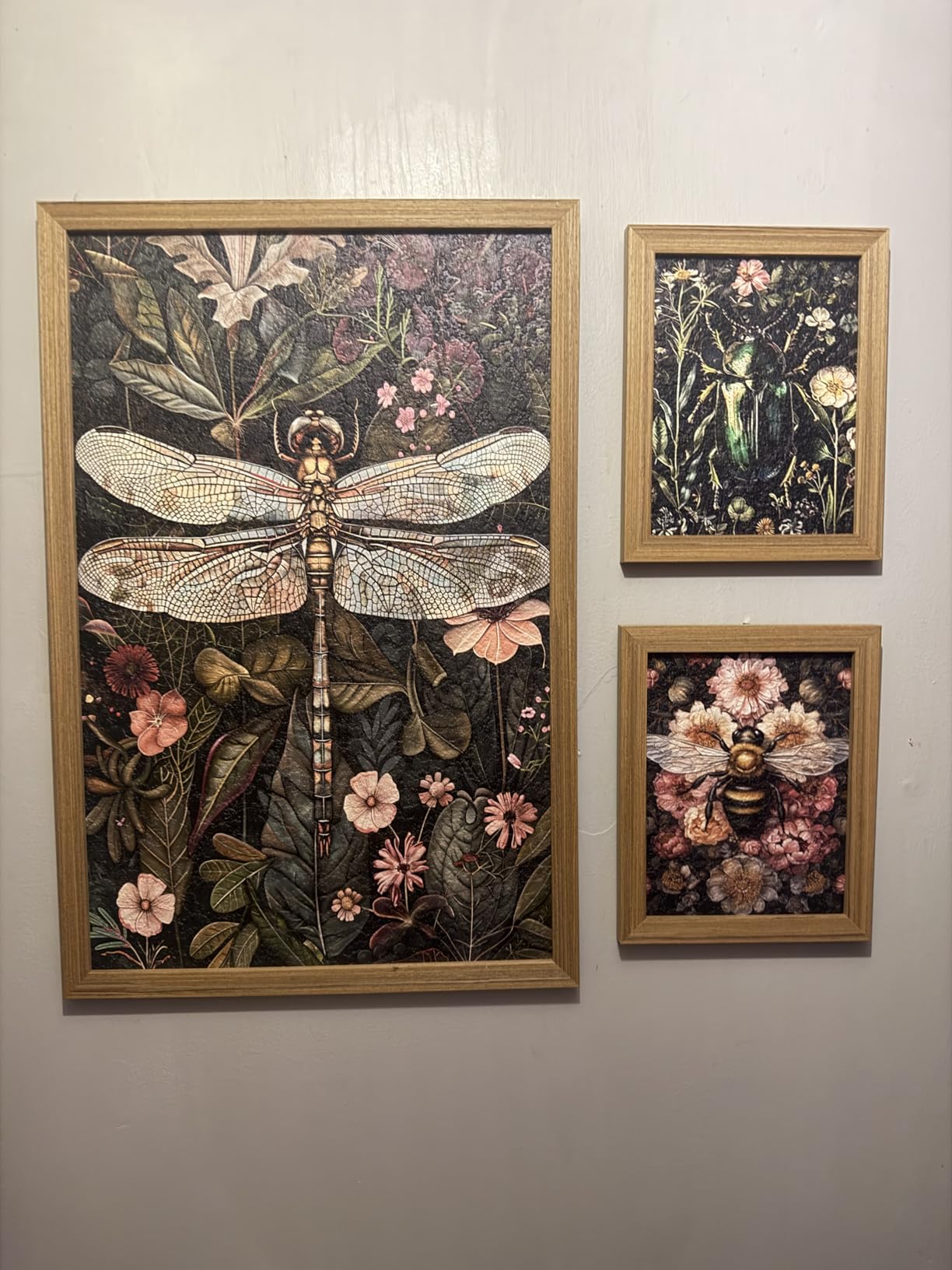 Framed Vintage 3D Textured Wall Art - Dark Green Dragonfly Flowers Wall Decor - Hand Drawn Sandstone Nature Botanical Pictures for Living Room Bedroom Home Decor 12x16in customer photo 2