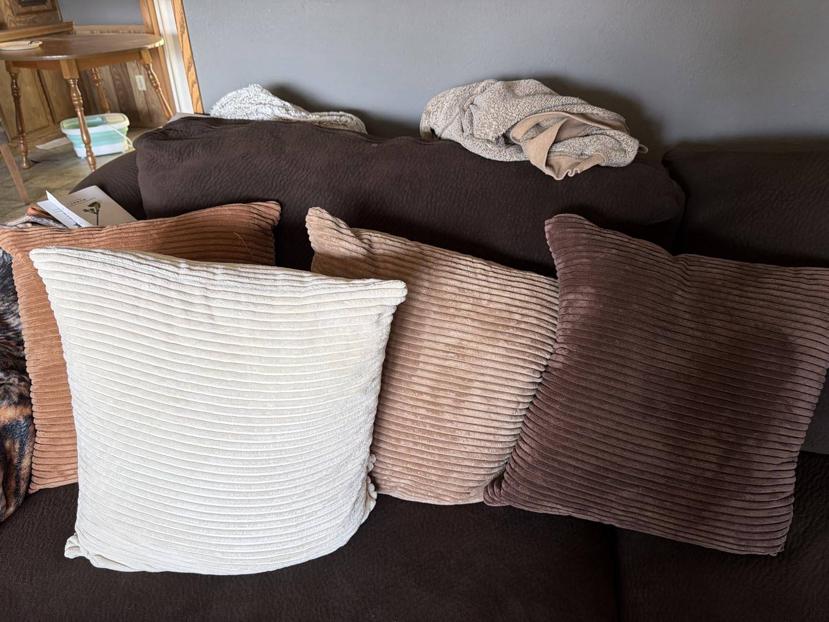 LANANAS Neutral Couch Throw Pillow Covers 18x18 Inch Set of 4 Decorative Farmhouse Boho Throw Pillows for Living Room, Couch, Bed, Sofa Soft Corduroy Accent Home Decor (Neutral Brown, 18x18 Inch) customer photo 1