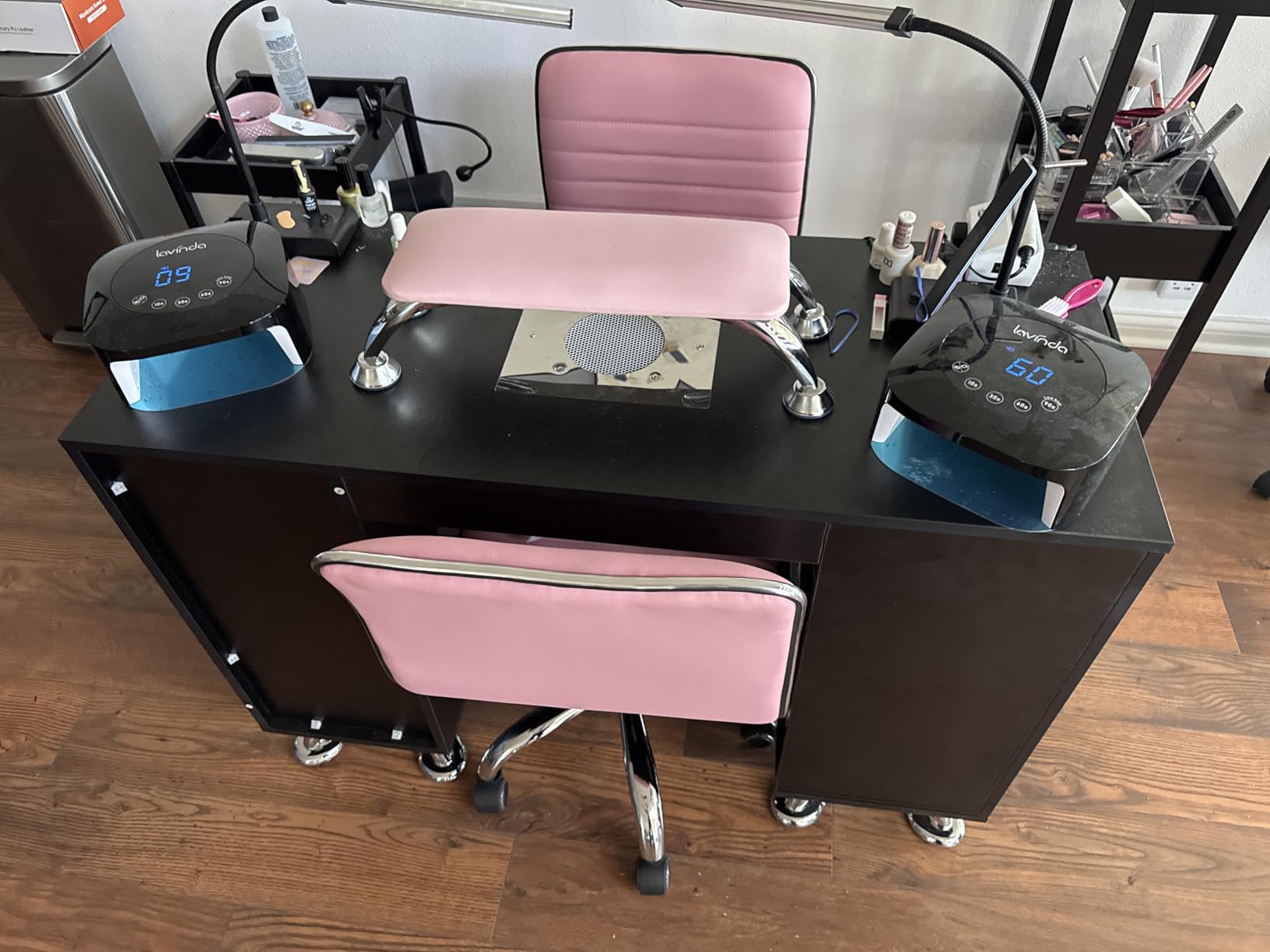 Manicure Table, Nail Tech Desk with Dust Collector, Acetone Resistant Nail Table Station with 4 Dust Bags & Wrist Rest, Beauty Salon Nail Supplies Workstation with Drawers Storage Cabinets, White customer photo 1