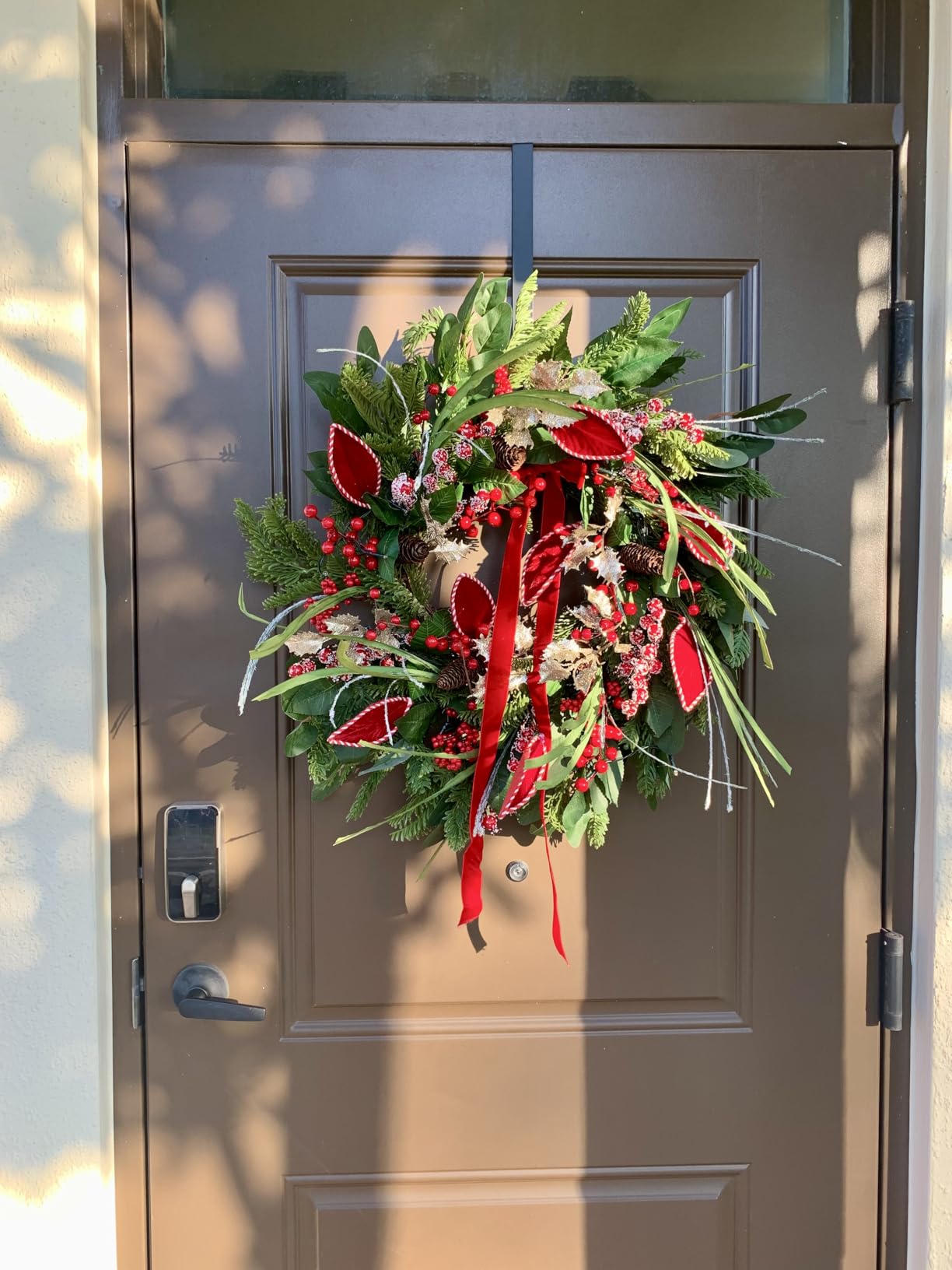 Christmas Wreath with Lights, Outdoor Pre-lit Christmas Wreaths for Front Door-24 Inch Xmas Door Wreath with Pine Needles Pine Cones and Red Berries- Farmhouse Home Christmas Decorations customer photo 1