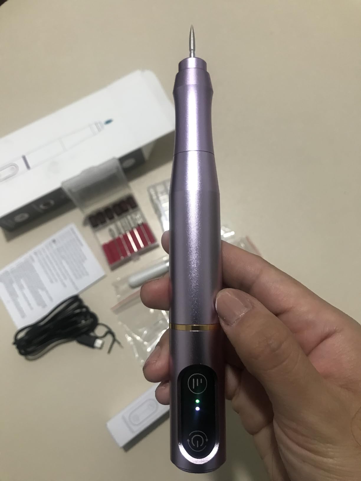 TUOBEO Cordless Nail Drill Electric Nail File Kit, Rechargeable Efile Set, Portable Acrylic Gel Nail Polish Remover Machine, Pedicure Manicure Tool, 11 Bits, 56 Sanding Bands, Salon Home, Purple customer photo 2