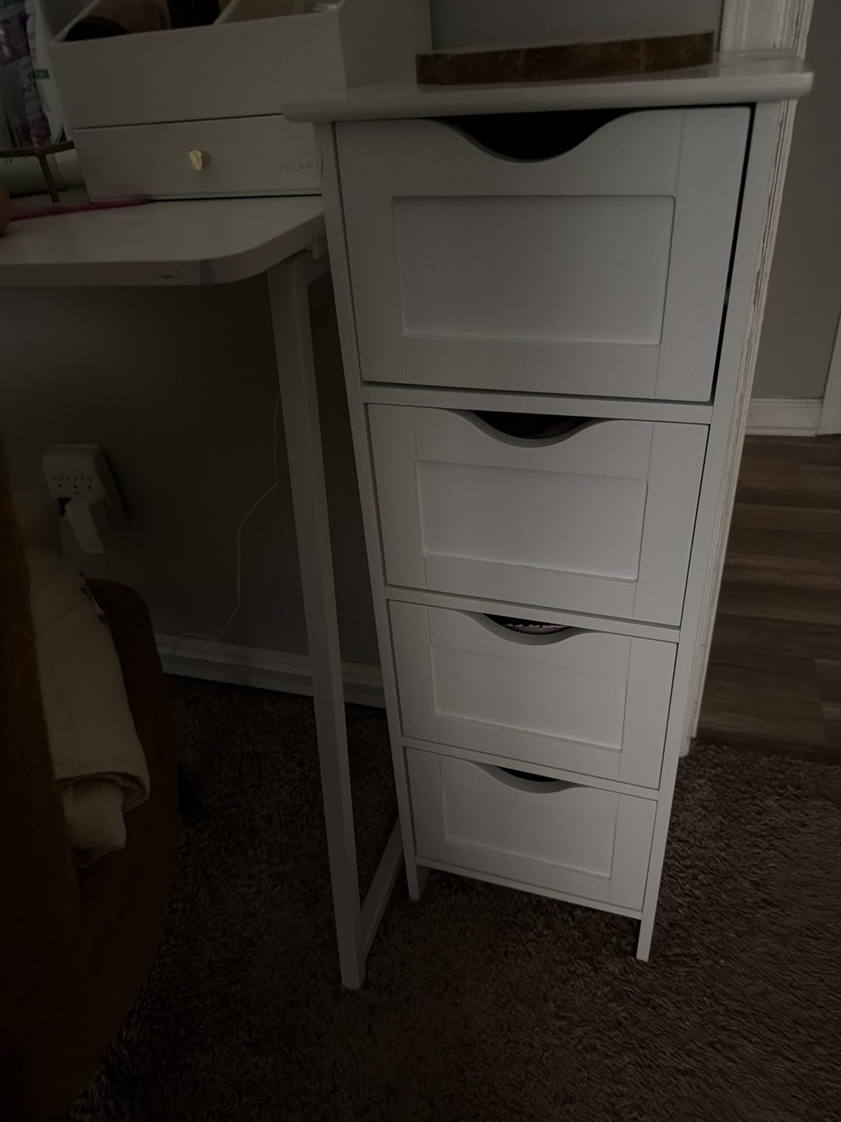 Bonnlo Skinny Bathroom Floor Storage Cabinet,White 12 Inch Wide Deep Small Storage Organizer with 4 Drawers, Wooden Modern Thin Free Standing Tower Cabinet w/ 4 Cute Drawers for Bathroom, Living Room customer photo 1
