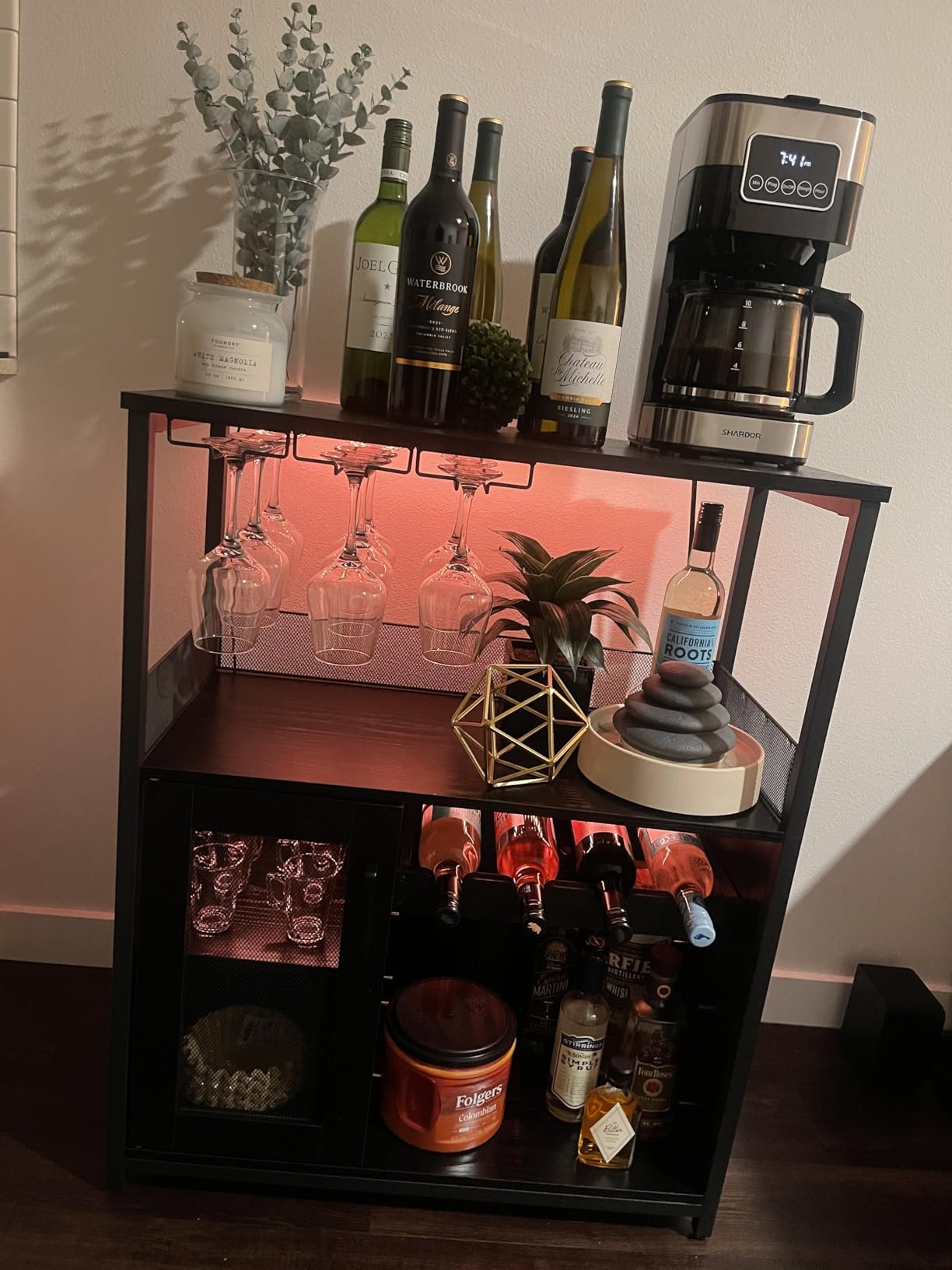 IDEALHOUSE Wine Bar Rack Cabinet with LED Light, Adjustable Shelves Coffee Bar Cabinet with Mesh Door and Baffle Design, 36 inch Tall Small Liquor Bar Cabinet for Home, Kitchen, Dinning Room, Rustic Brown customer photo 1