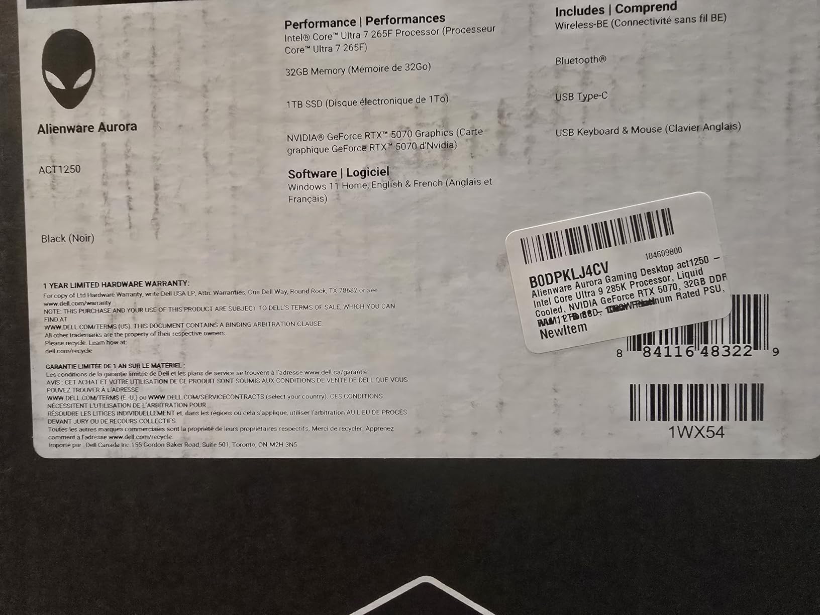 Alienware Aurora Gaming Desktop ACT1250 - Intel Core Ultra 7 265F, 32GB DDR5 RAM, 1TB SSD, NVIDIA GeForce RTX 5070, 1000W Platinum Rated PSU, Windows 11 Home, Clear Panel customer photo 2