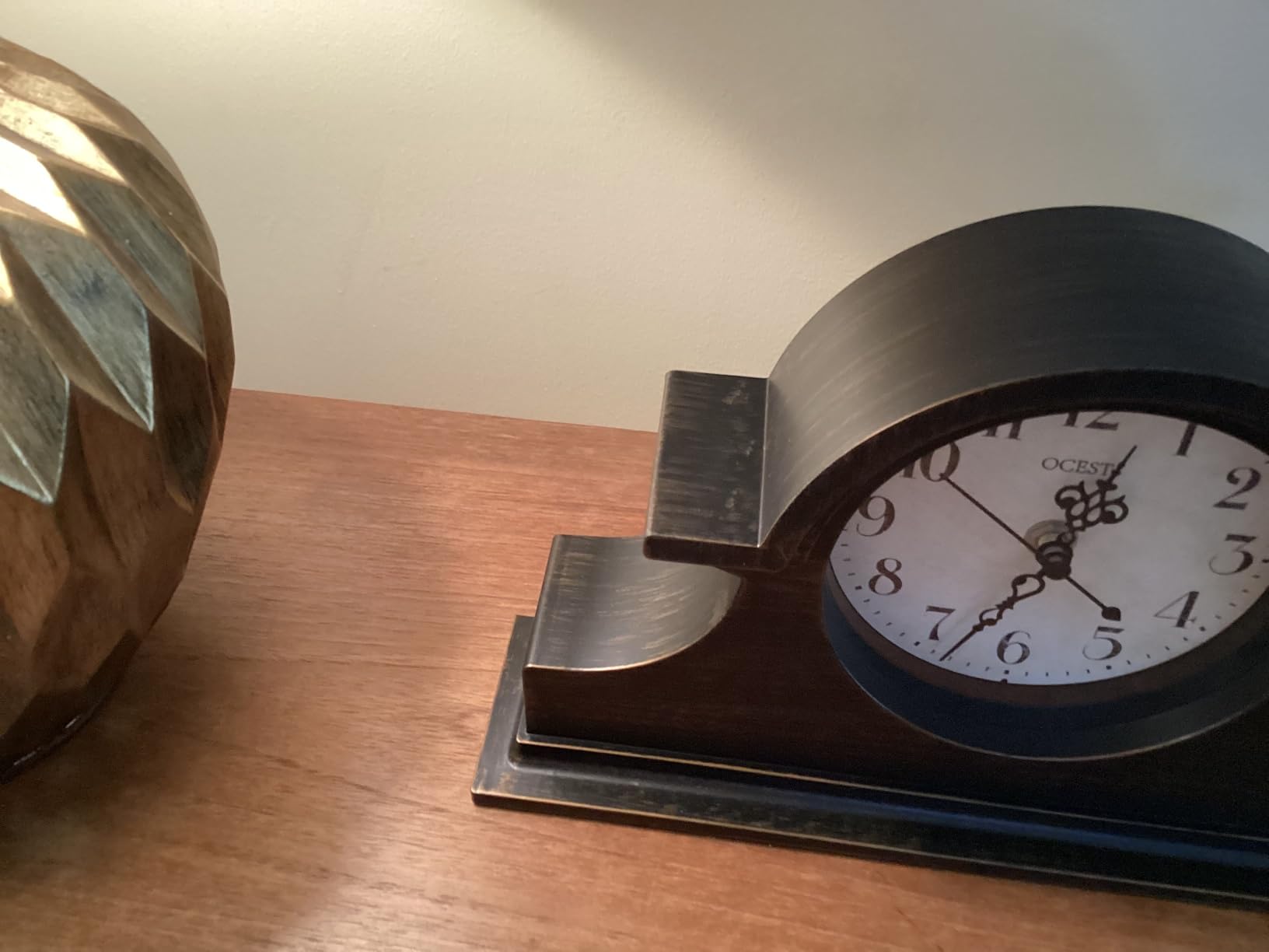 OCEST Vintage Farmhouse Mantel Clock - 13 x 7 Inch Quartz Gilt Finish Battery Operated, Plastic Napoleon Classic Desk & Shelf Décor for Living Room Office Tabletop Bedroom (Walnut Brown) customer photo 1