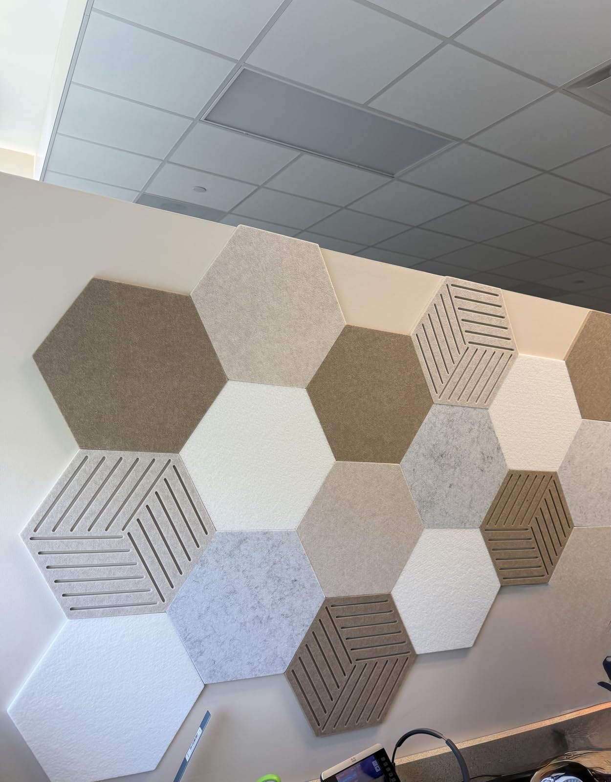 10 Pack Hexagon Cork Board Tiles Alternative, 12'' Fully Self-Adhesive Modern Felt Bulletin for Wall Decor, Frameless Pin Board for Office, Renter-Friendly Decorative Hexagon Corkboard with 30 Pins customer photo 1