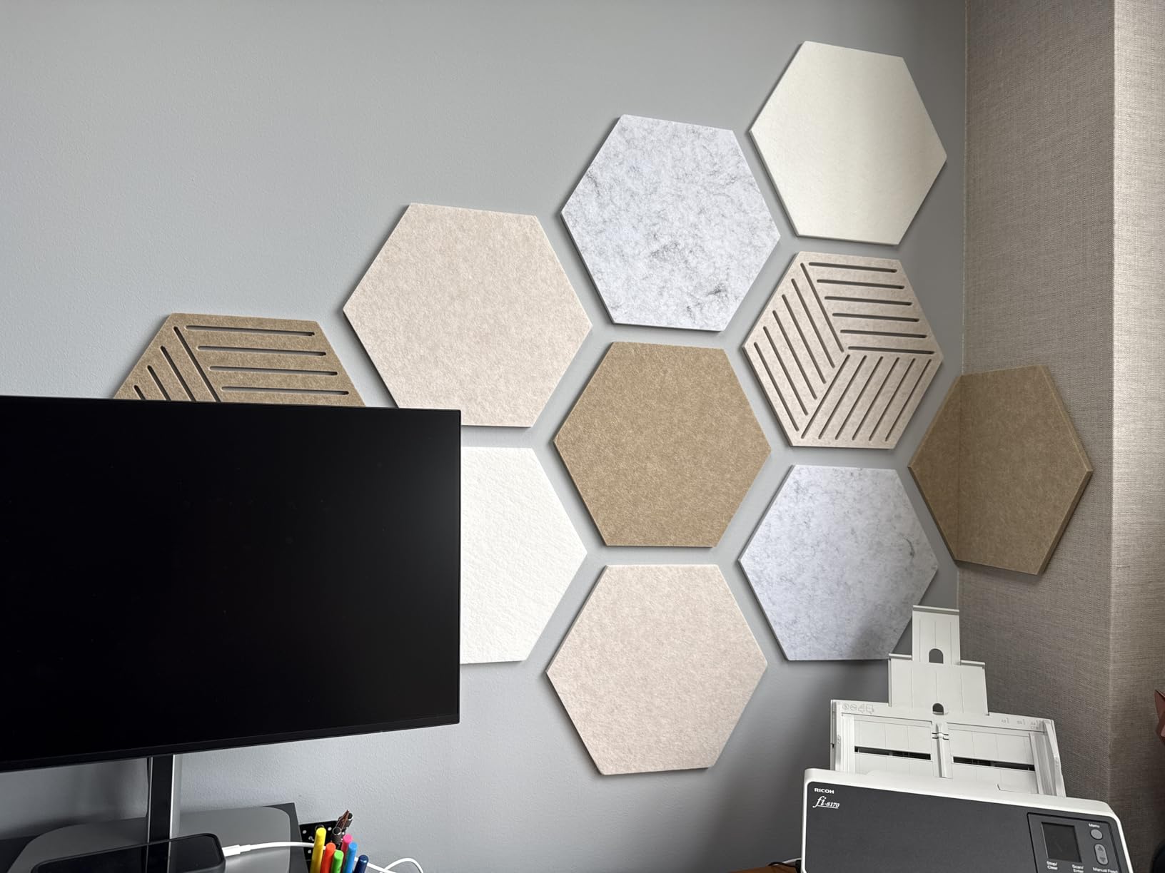 10 Pack Hexagon Cork Board Tiles Alternative, 12'' Fully Self-Adhesive Modern Felt Bulletin for Wall Decor, Frameless Pin Board for Office, Renter-Friendly Decorative Hexagon Corkboard with 30 Pins customer photo 2