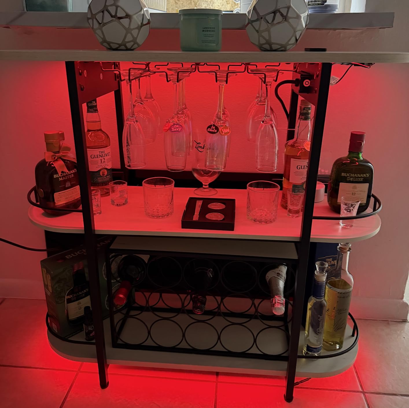 VASAGLE Bar Cabinet with LED Lights and Power Outlets, Freestanding Coffee Bar Wine Cabinet, Wine Rack, Glass Holder, Mini Bar for Liquor and Glasses, Kitchen, Dining Room, Rustic White ULWR007W01S customer photo 1
