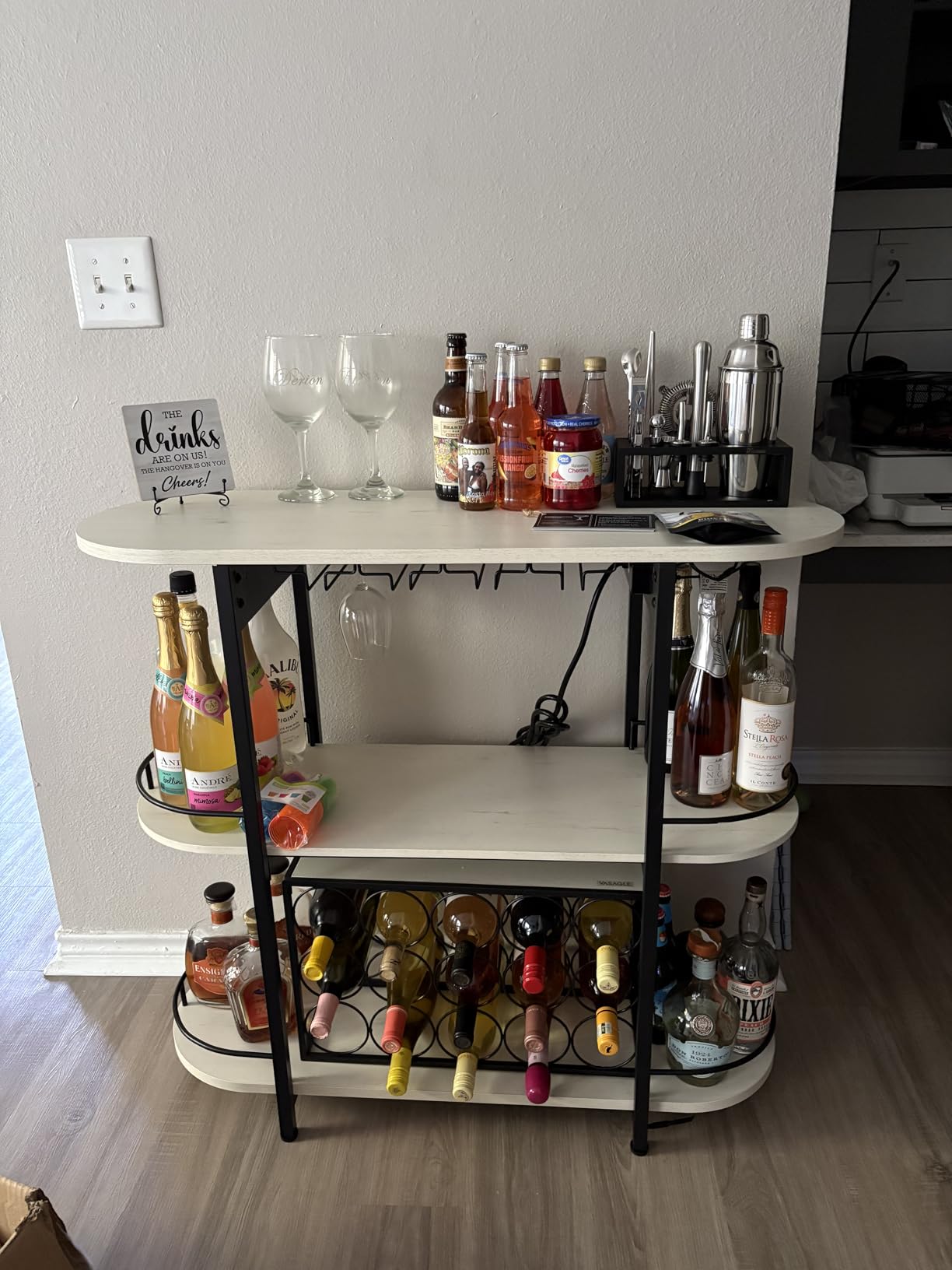 VASAGLE Bar Cabinet with LED Lights and Power Outlets, Freestanding Coffee Bar Wine Cabinet, Wine Rack, Glass Holder, Mini Bar for Liquor and Glasses, Kitchen, Dining Room, Rustic White ULWR007W01S customer photo 2