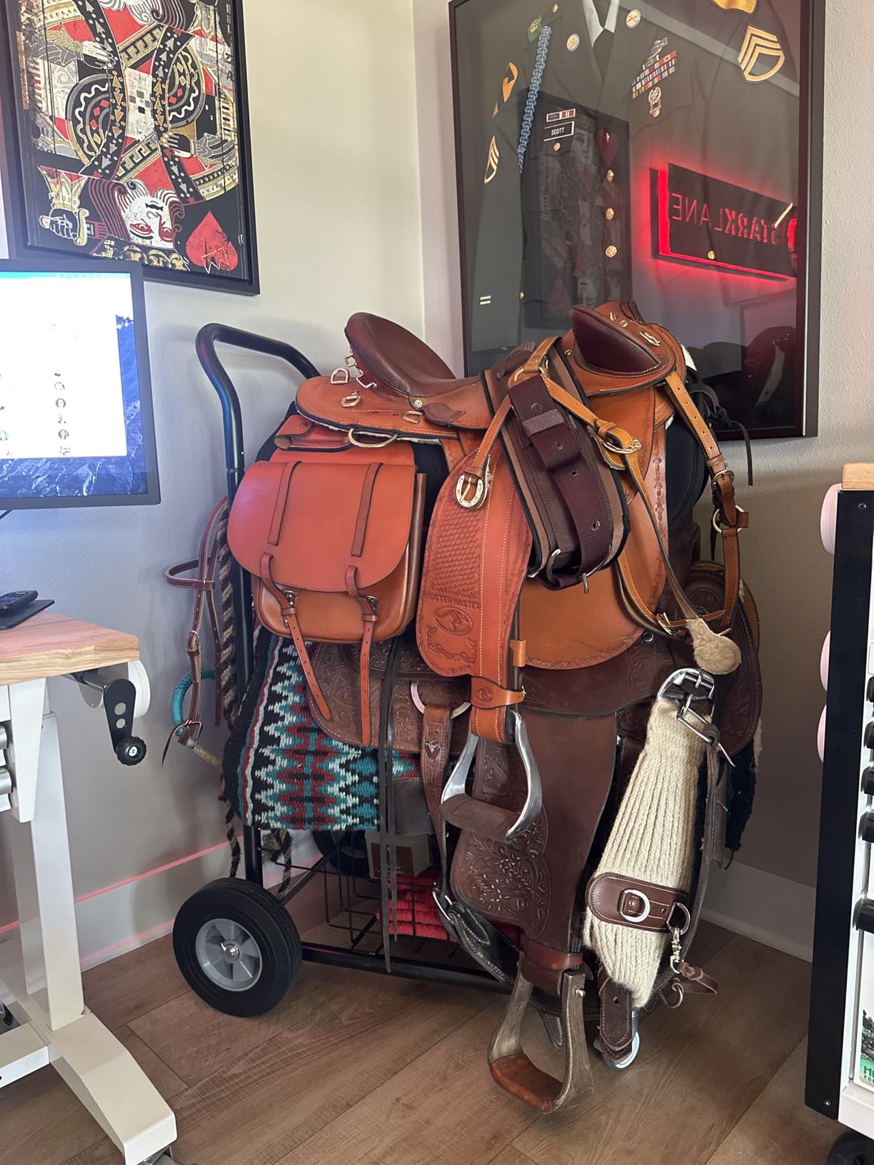 Homestead 220 Lbs Rolling Saddle Rack Cart with Basket - Heavy Duty Saddle Stand for Western Horse Gear, Organizers and Storage for Tack Room, Bridle, Horse Lovers, Cowboy - 3 Tier Saddle Rack Carts customer photo 1
