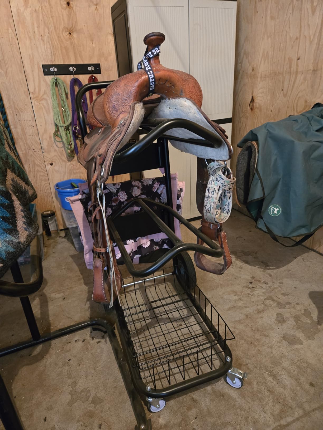 Homestead 220 Lbs Rolling Saddle Rack Cart with Basket - Heavy Duty Saddle Stand for Western Horse Gear, Organizers and Storage for Tack Room, Bridle, Horse Lovers, Cowboy - 3 Tier Saddle Rack Carts customer photo 2