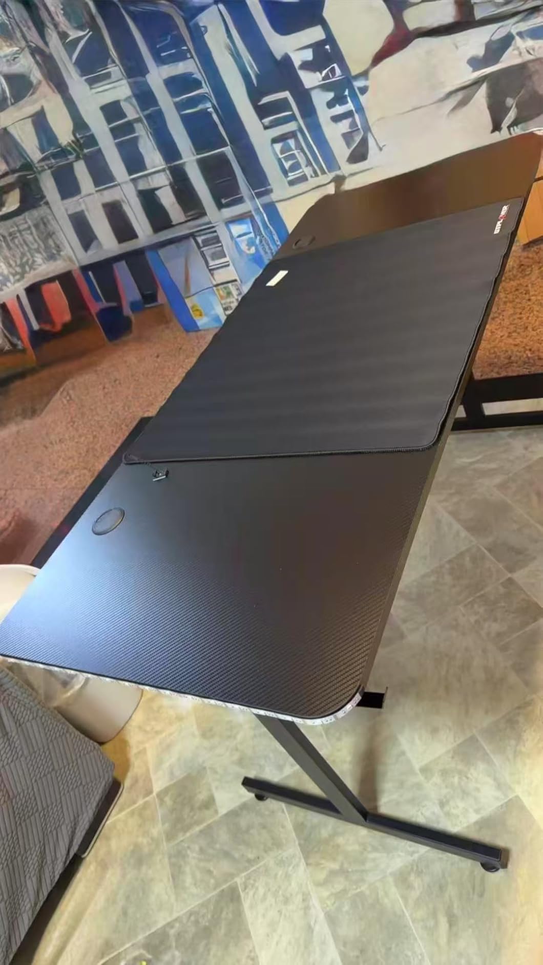 GTPLAYER 55 Inch Gaming Desk with LED Lights, Large Computer Desk with Mouse Pad for Home Office, T-Shaped Carbon Fibre Surface PC Game Workstations with Headphone Hook customer photo 2