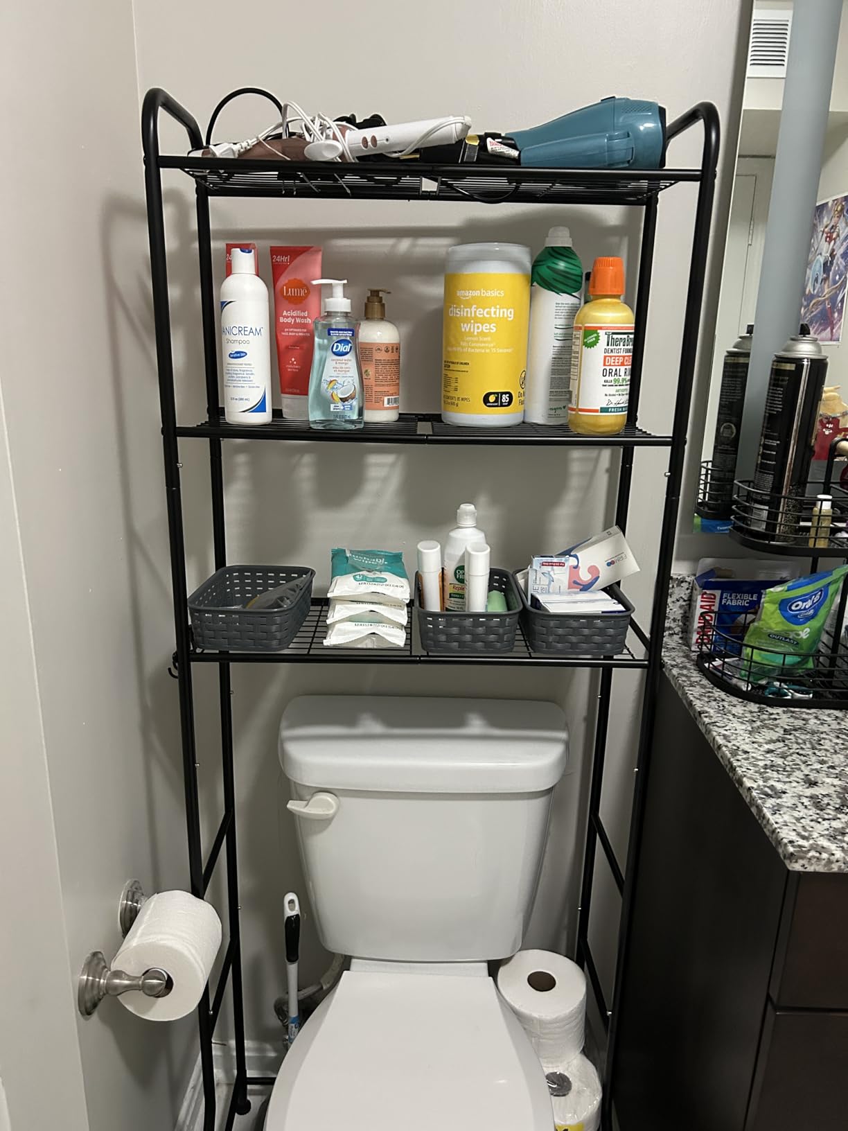 Kitsure Over Toilet Storage Rack - Metal Over Toilet Bathroom Organizer Shelf, Over the Toilet Storage Cabinet with Paper Holder and Hooks, Bathroom Cabinet for Laundry, Black, 3 Tiers (63.2