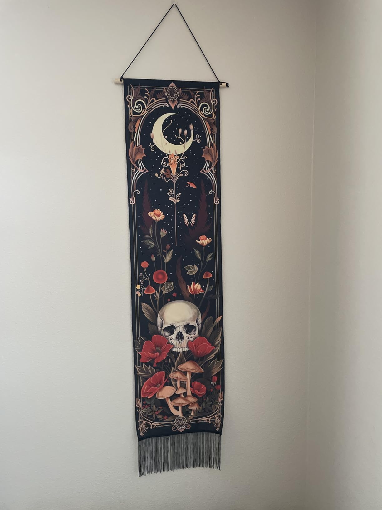 ARTCREATOR Pack of 2 Witchy Gothic Wall Bedroom Decor Moth Moon Tapestry Skull Mushroom Vertical Tapestries Retro Floral Flowers Tapestries for Bedroom Aesthetic Alt Room (12.8 x 51.2 inches) customer photo 1