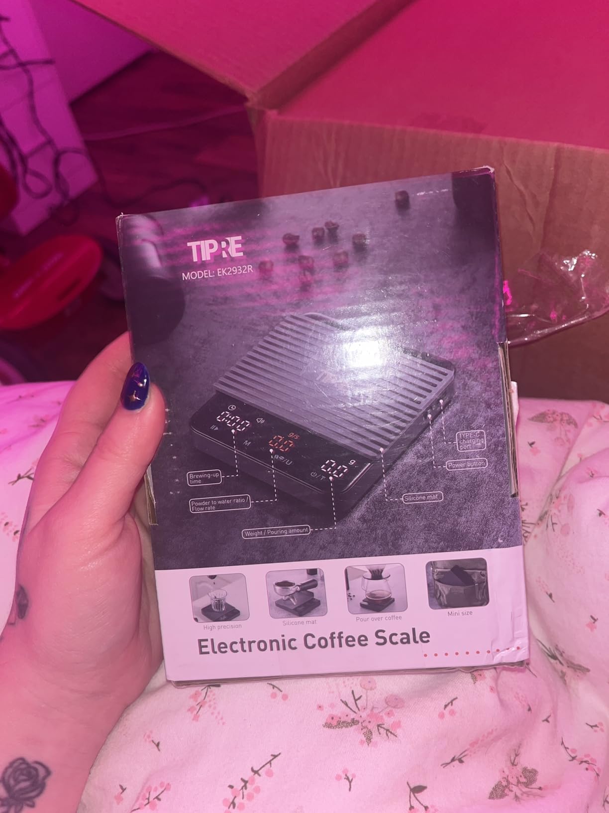 TIPRE Mini Espresso Coffee Scale with Timer & Flow Rate, 2kg/0.1g Precision Digital Coffee Scale, Portable Espresso Scale Rechargeable via USB-C, Triple Brew Modes, LED Display, Mute Mode, g/oz/lb:oz customer photo 1
