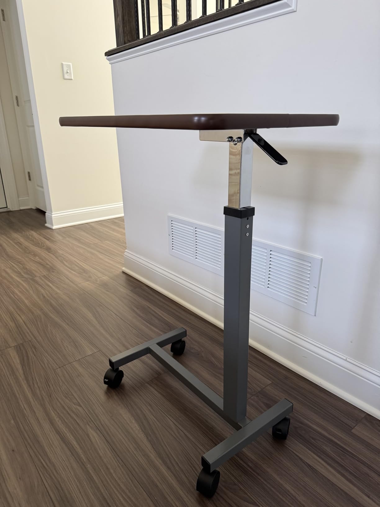 WOTURE Pneumatic Adjustable Overbed Bedside Table with Wheels - Hospital & Home Use, Medical Bed Table, Mobile Standing Desk, Rolling Laptop Cart, Non Tilt Surface (23.6