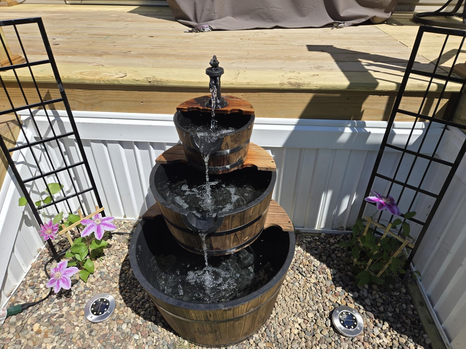 Aoxun 3-Tier Outdoor Water Fountain, Wood Barrel Cascading with Electric Decorative Hand Pump, Rustic Waterfall Fountain for Garden, Backyard, Patio, Porch, Yard customer photo 1