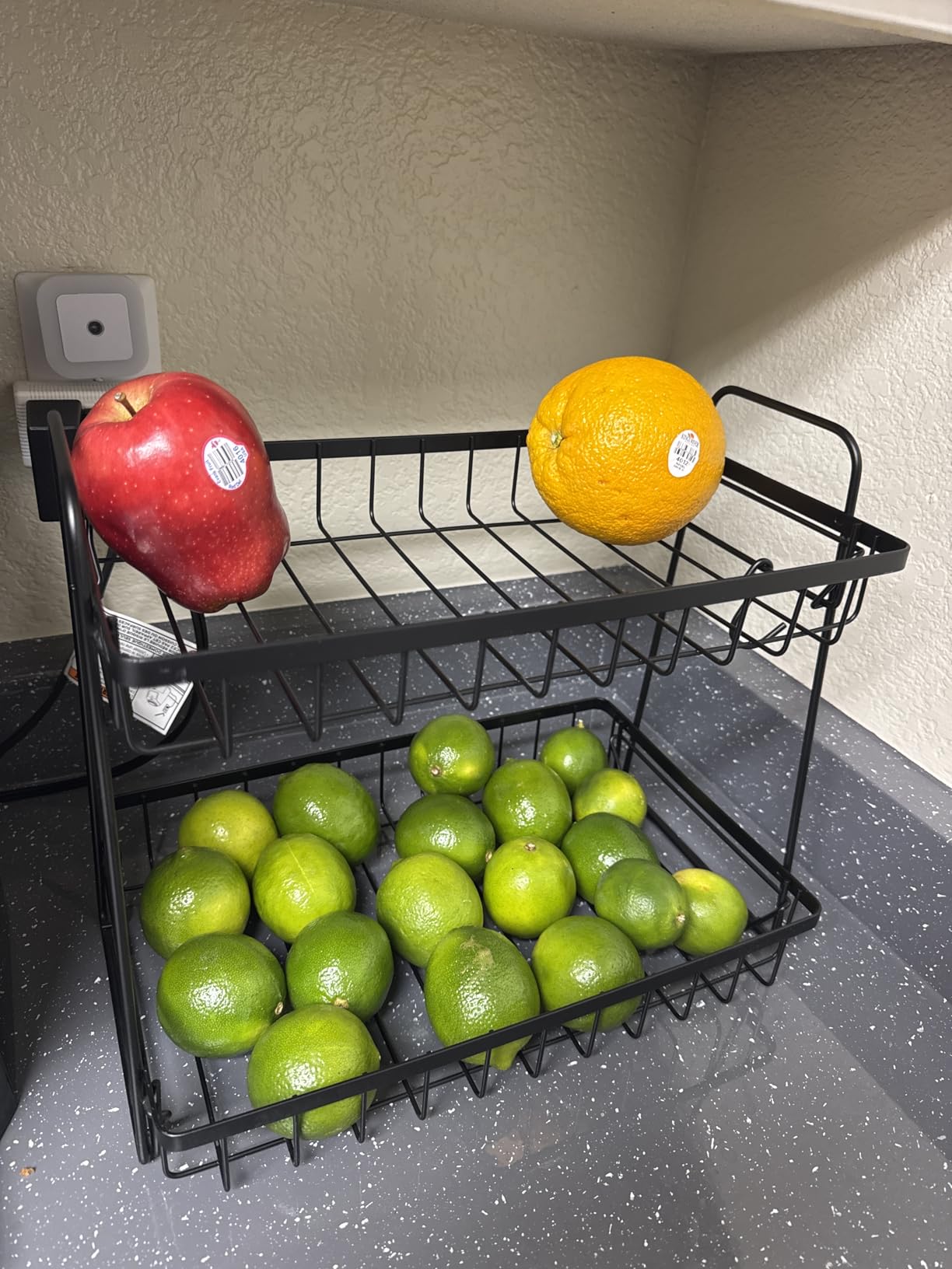 Sakugi Fruit Basket for Kitchen Counter - 2-Tier Fruit Bowl with Removable Banana Hanger & Handles, Rustproof Fruit Holder for Kitchen, Living Room, Bathroom, 13.4