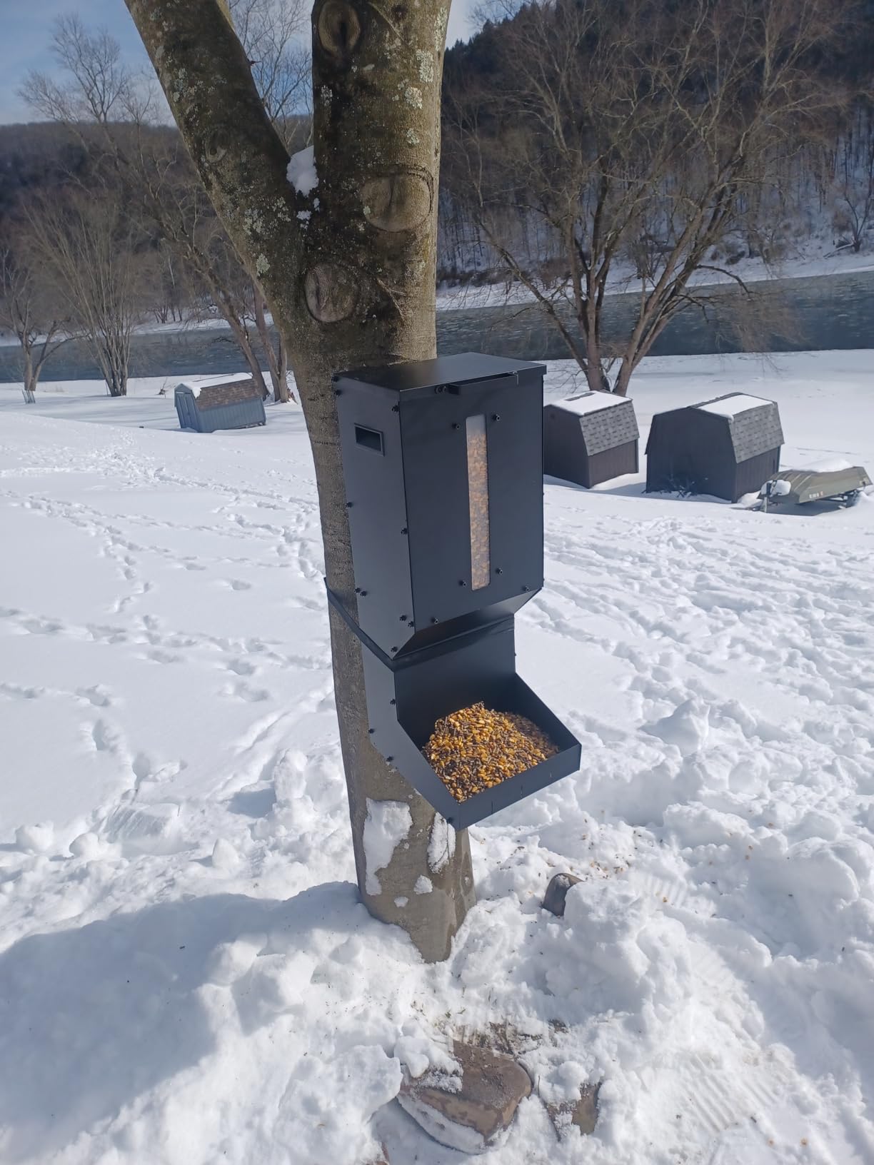 Automatic Metal Deer Feeder - 60 lb/11Gal Capacity, Gravity Dispenser Feeds Protein and Corn, Hanging or Wall Mount Wildlife Feeder for Field Or Farm customer photo 1