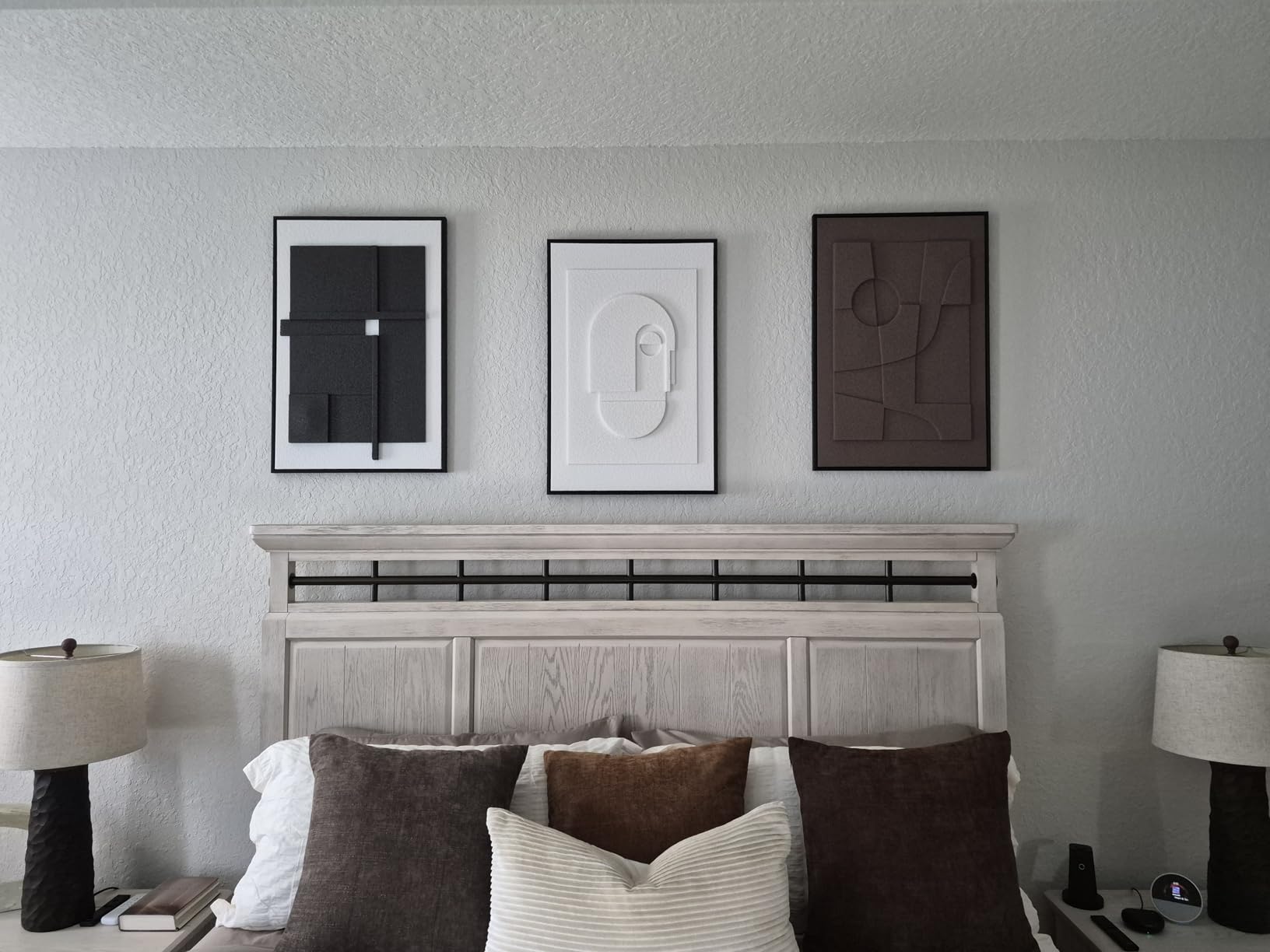 Large 3D Textured Framed Neutral Abstract Wall Art for Living Room, 3 Piece Modern Artwork for Walls, Minimalist White and Brown Geometric Wall Paintings for Hallway, Stair, Office Wall Decor 24x36 In customer photo 2