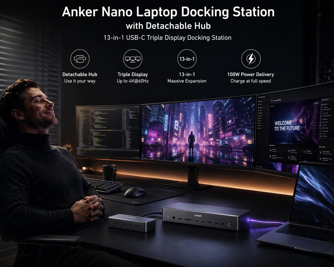 Anker Nano 13-in-1 Laptop Docking Station with Detachable 6-in-1 Hub, USB-C 3 Display Docking (2 HDMI+1 DP), 10 Gbps USB-C, 3 USB-A, Audio, SD/TF, Ethernet, 100W Max PD for Dell/Lenovo/HP Home Office customer photo 1