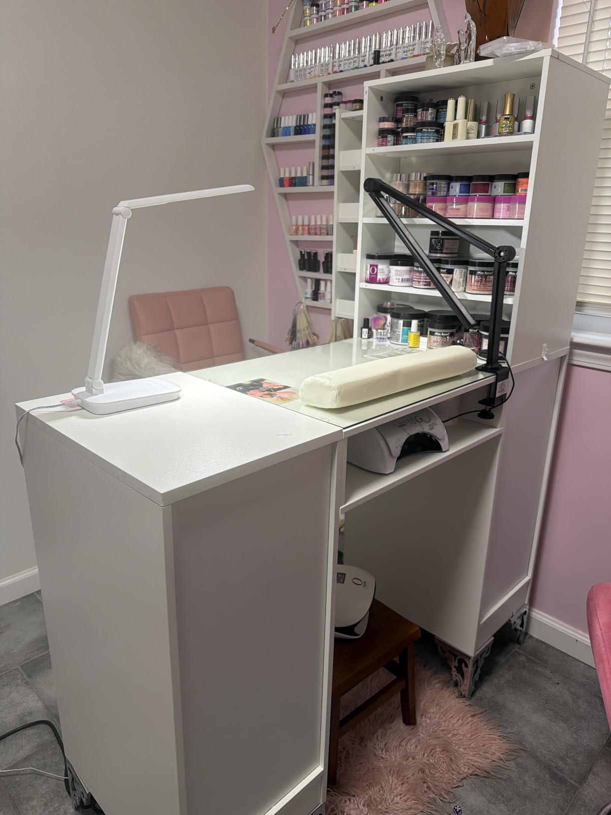 Manicure Table Nail Desk for Nail Tech with Glass Top & Wrist Rest, Nail Desk Station with Power Outlets, Shelves, Storage Cabinets, Drawers, Beauty Salon Workstation (White) customer photo 1