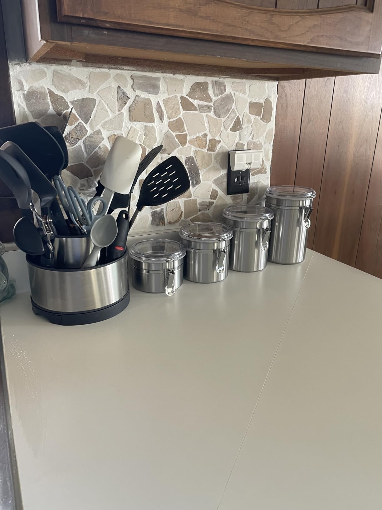Oggi Set of 4 Stainless Steel Kitchen Canisters - Airtight Clamp Lid, Clear See-Thru Top - Ideal for Kitchen Storage, Food Storage, Pantry Storage - Includes 1 each: 26oz, 36oz, 47oz, 62oz. customer photo 1
