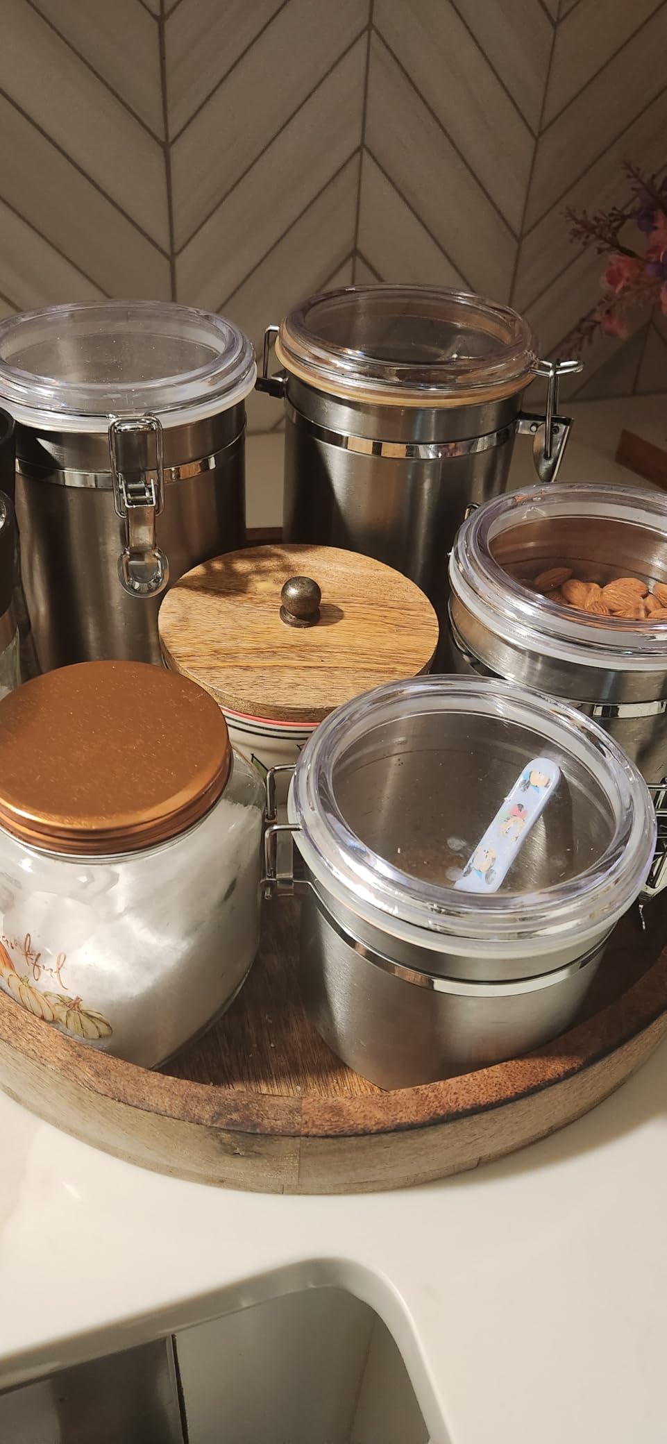 Oggi Set of 4 Stainless Steel Kitchen Canisters - Airtight Clamp Lid, Clear See-Thru Top - Ideal for Kitchen Storage, Food Storage, Pantry Storage - Includes 1 each: 26oz, 36oz, 47oz, 62oz. customer photo 2