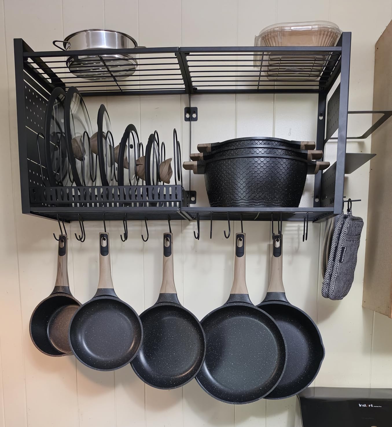 31 Inch Pot Rack Wall Mounted, 3 in 1 Pots and Pans Organizer with 2 tier Kitchen Racks & Pot Lid Organizer Holder and 20 Hooks, Heavy Duty Hanging Pot Hanger for Kitchen Cookware, Utensils, Black customer photo 1