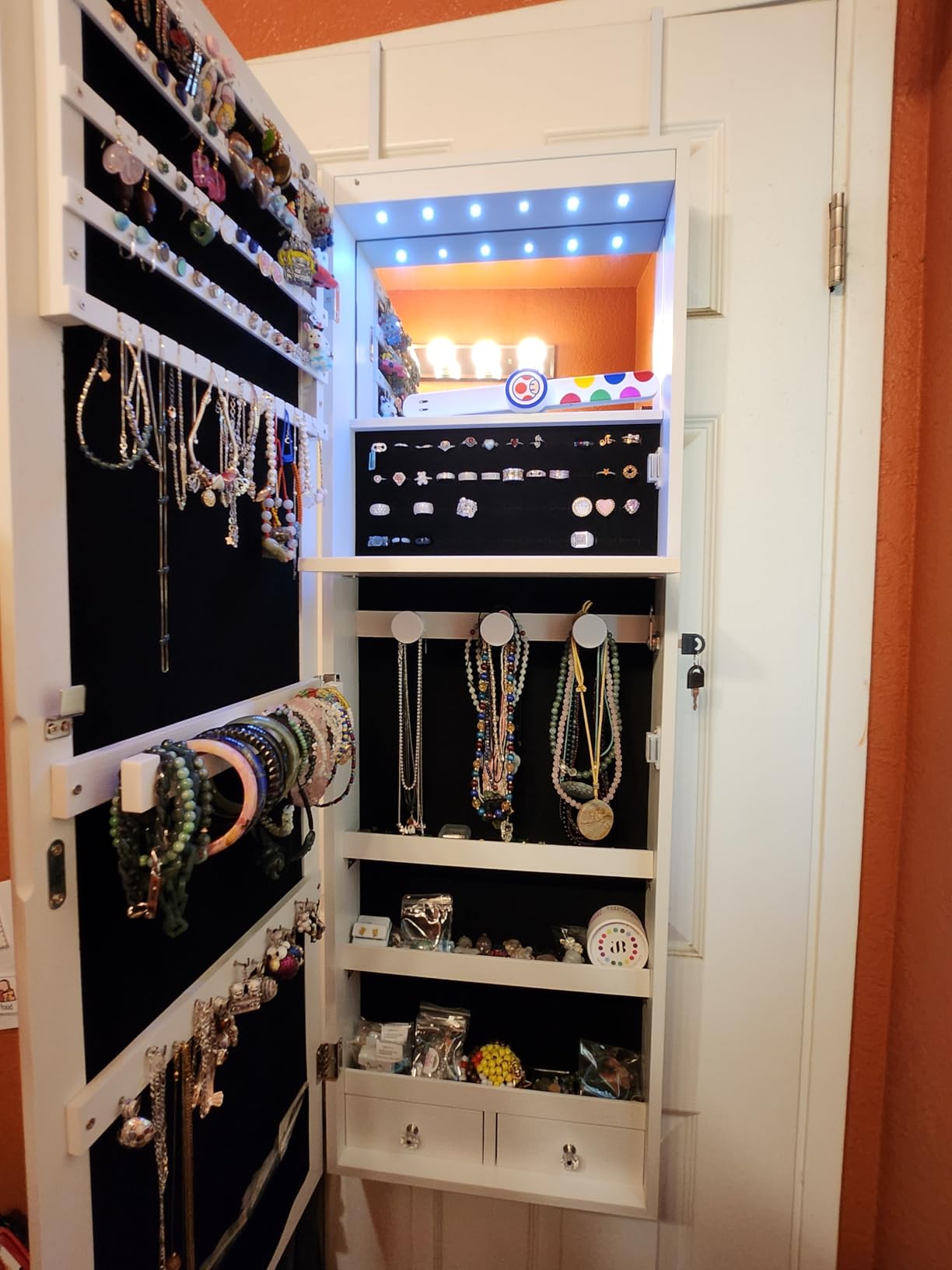 JOYUSAEN Over the Door Jewelry Organizer, Wall Mounted Jewelry Cabinet, Hanging Mirror with Storage Box, Wall/Door Mounted Full Length Mirror with LED customer photo 1