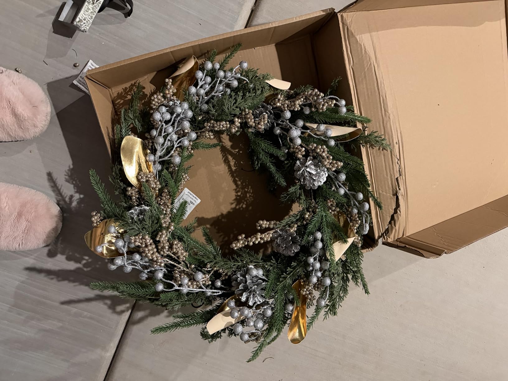 26 Inch Winter Wreath for Front Door, Artificial Gold Wreath with Metallic Leaf & Glittered Berries, Norfolk Pine & Pinecones, Cedar Wreaths for Indoor Outdoor Wall Windows Modern Home Holiday Decor customer photo 1