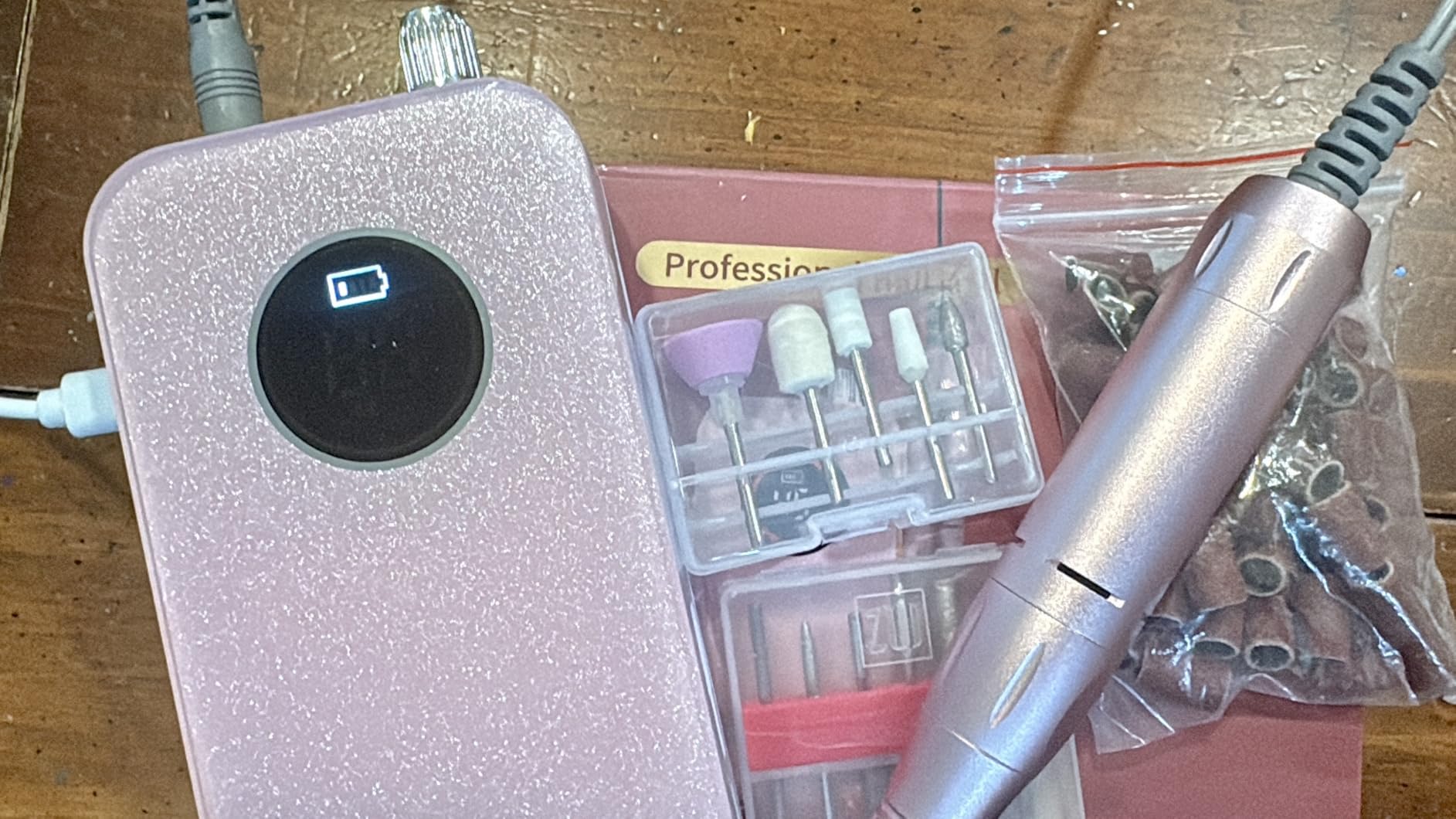 Professional Nail Drill Electric File 45000RPM, Portable Rechargeable Electric Nail File with 11 Drill Bits & 50 Sanding Bands, Low Noise Nail Drill Kit for Acrylic Gel Nails, Salon & Home Use, Pink customer photo 1