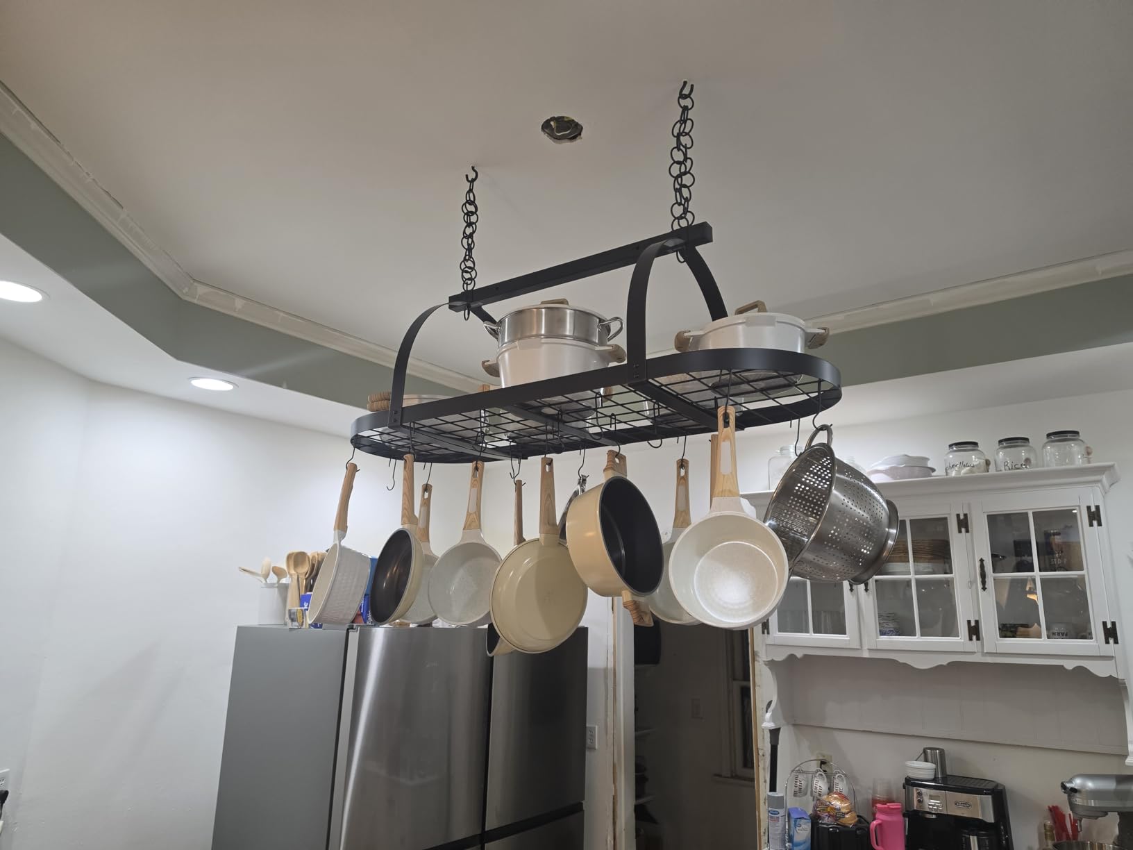 KES Gold 34 Inch Hanging Pot Rack, 100 LBS Capacity Heavy Duty Oval Pot and Pan Hanging Rack Ceiling Mount, Pot Pan Hangers Organizer for Kitchen Island with 20 Hooks (For 16